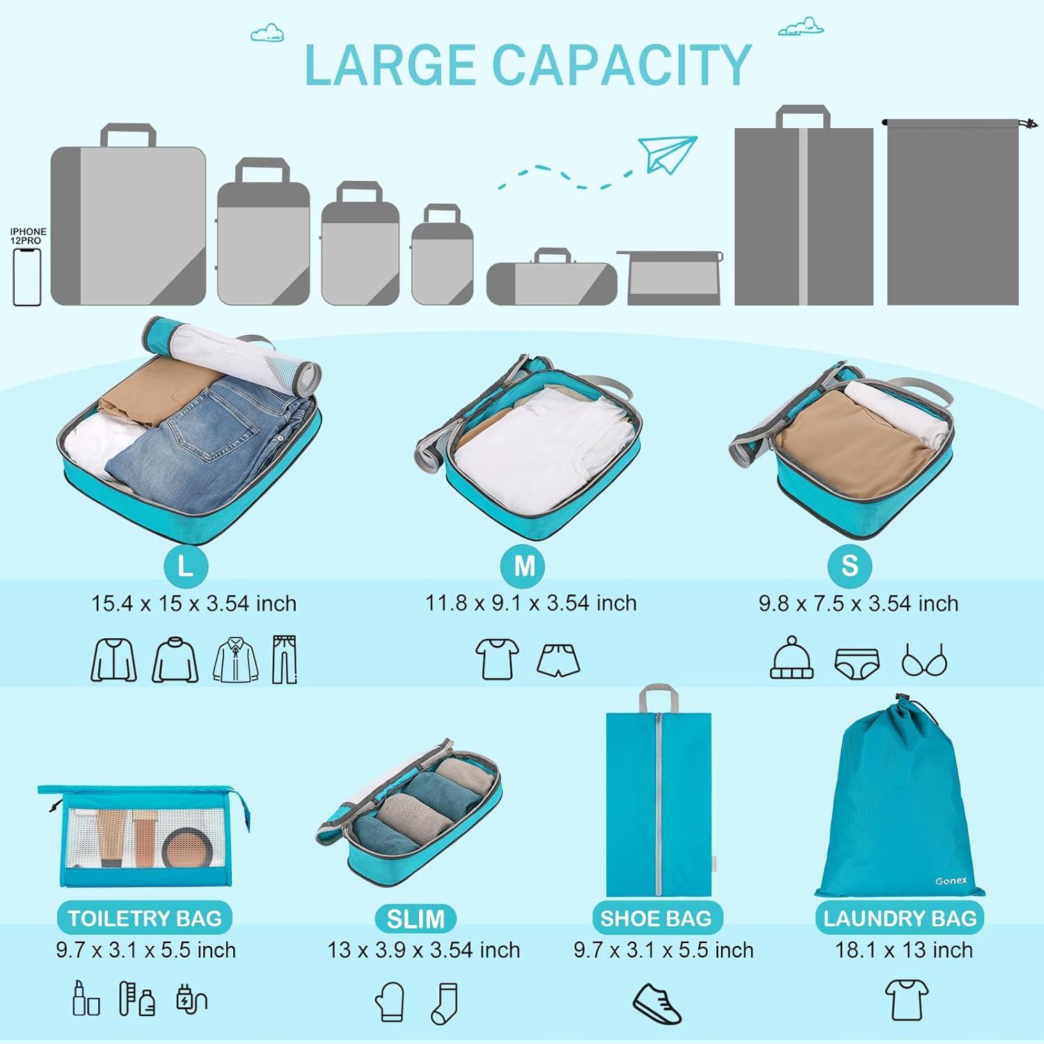 image:imageCompression Packing Cubes Gonex Extensible Storage Mesh Bags OrganizersF 7 PCS Blue
