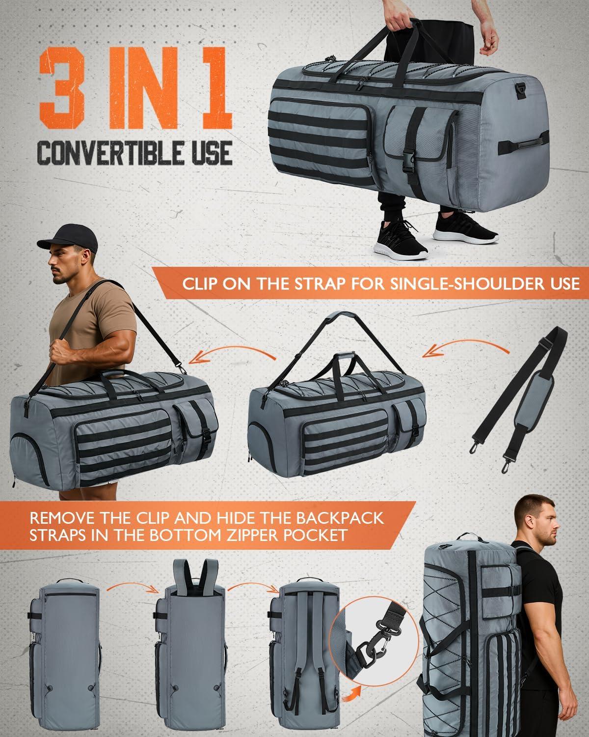 image:imageGonex 130L Extra Large Duffel Bag for Men Heavy Duty 3 in 1 Convertible Carry Travel Duffle with Shoe Compartment Tactical Loops Sports Gear Bag for Family Trips BlackGrey