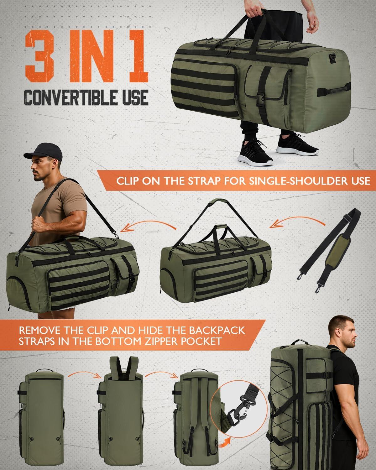 image:imageGonex 130L Extra Large Duffel Bag for Men Heavy Duty 3 in 1 Convertible Carry Travel Duffle with Shoe Compartment Tactical Loops Sports Gear Bag for Family Trips BlackArmy Green