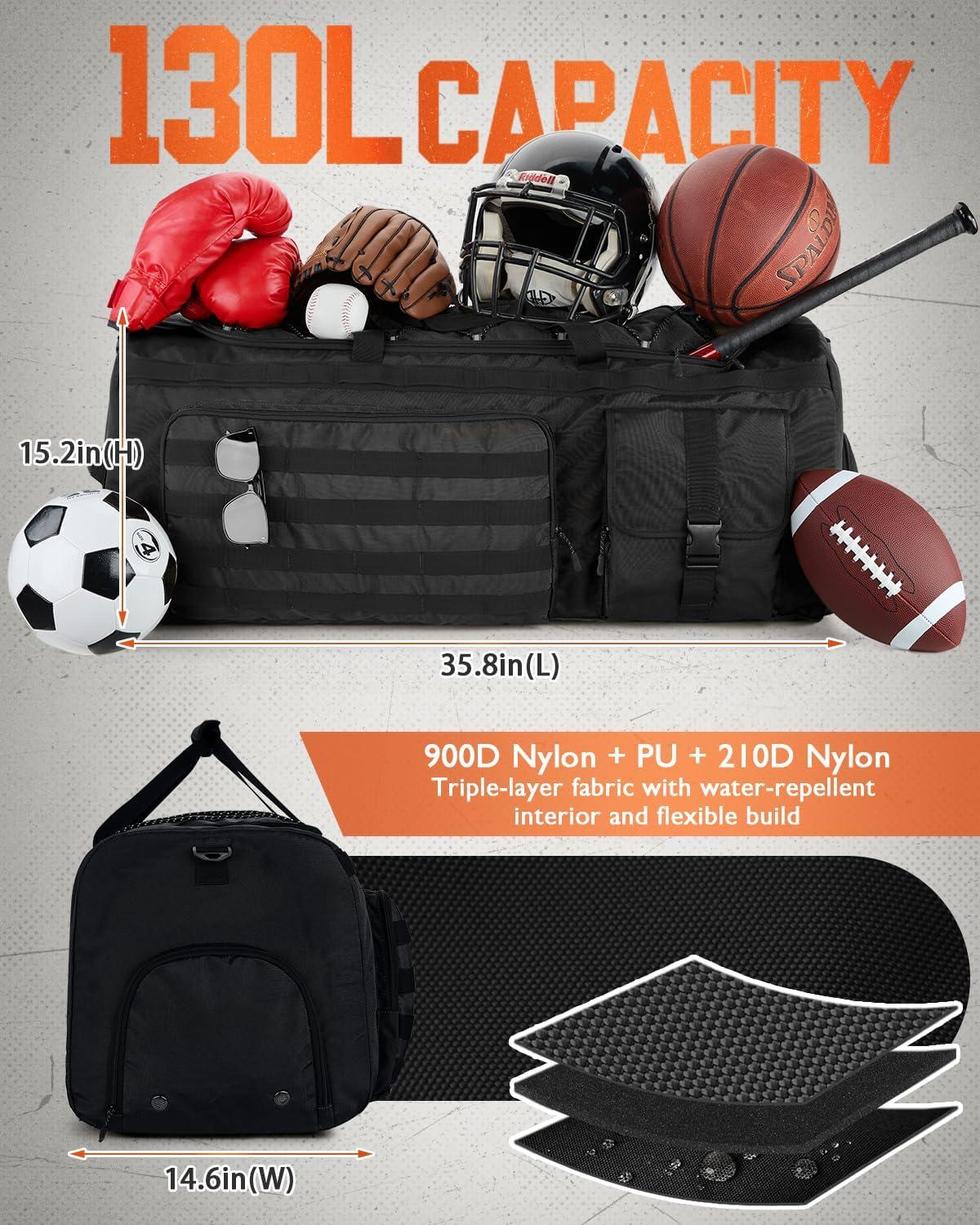 image:imageGonex 130L Extra Large Duffel Bag for Men Heavy Duty 3 in 1 Convertible Carry Travel Duffle with Shoe Compartment Tactical Loops Sports Gear Bag for Family Trips BlackBlack
