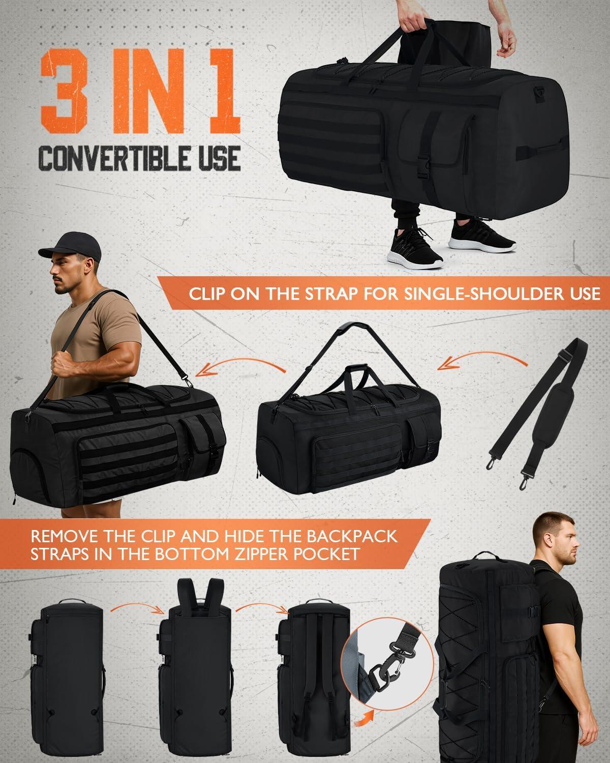 image:imageGonex 130L Extra Large Duffel Bag for Men Heavy Duty 3 in 1 Convertible Carry Travel Duffle with Shoe Compartment Tactical Loops Sports Gear Bag for Family Trips BlackBlack
