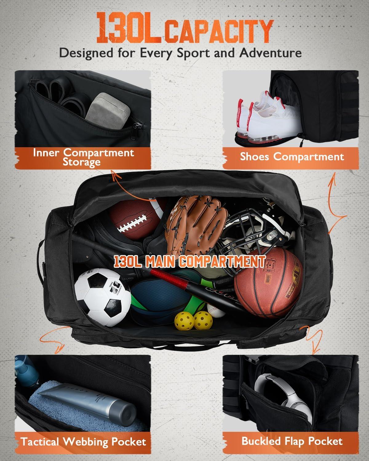 image:imageGonex 130L Extra Large Duffel Bag for Men Heavy Duty 3 in 1 Convertible Carry Travel Duffle with Shoe Compartment Tactical Loops Sports Gear Bag for Family Trips BlackBlack