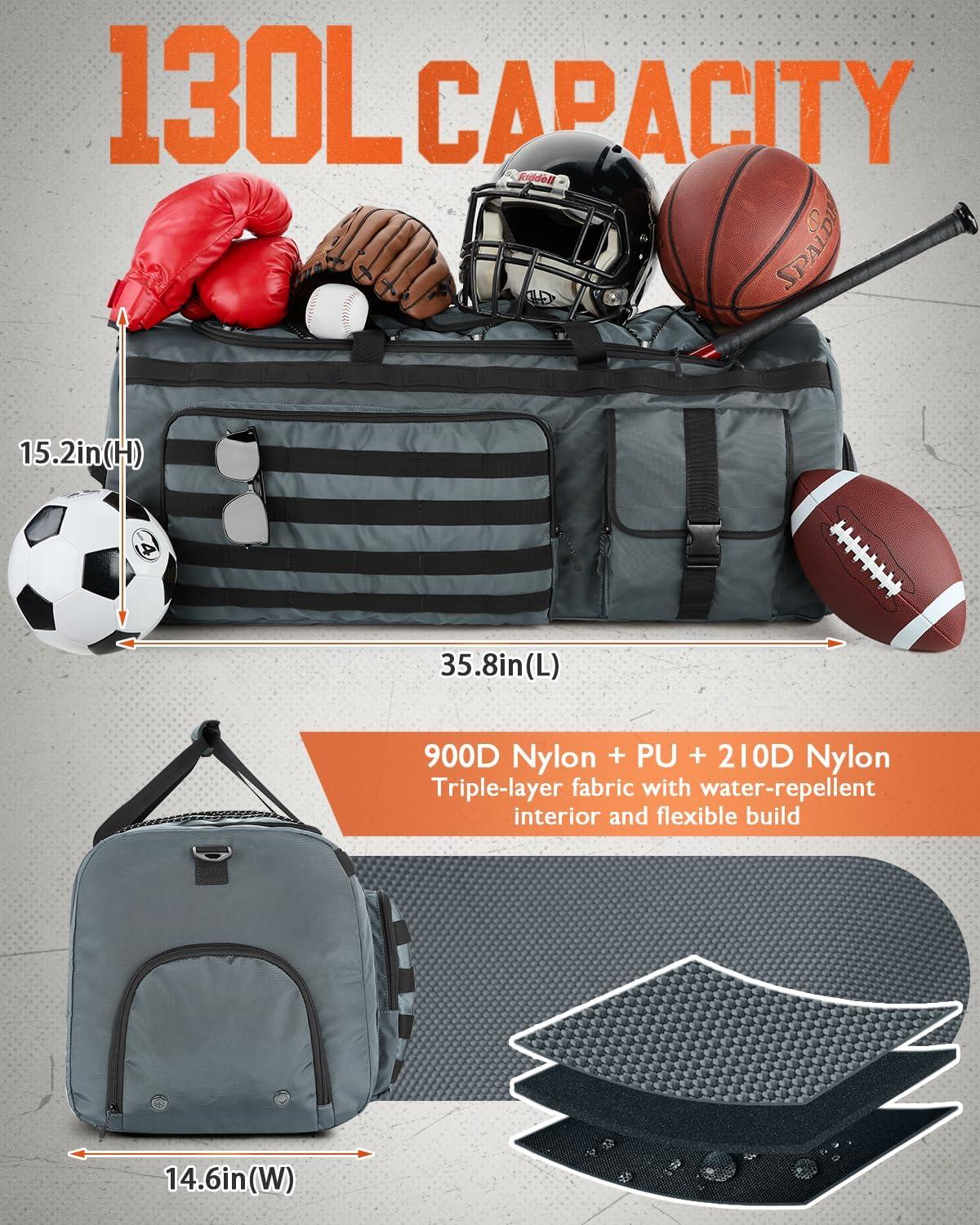 image:imageGonex 130L Extra Large Duffel Bag for Men Heavy Duty 3 in 1 Convertible Carry Travel Duffle with Shoe Compartment Tactical Loops Sports Gear Bag for Family Trips BlackGrey