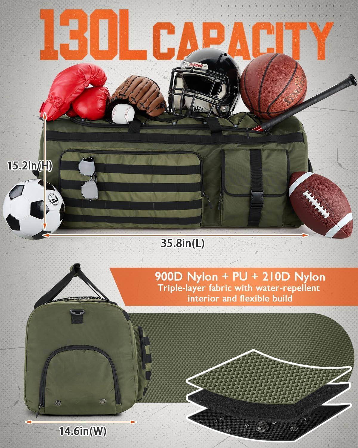 image:imageGonex 130L Extra Large Duffel Bag for Men Heavy Duty 3 in 1 Convertible Carry Travel Duffle with Shoe Compartment Tactical Loops Sports Gear Bag for Family Trips BlackArmy Green