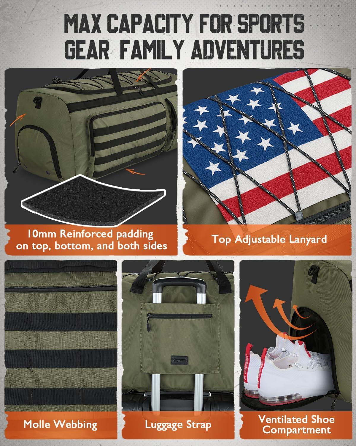 image:imageGonex 130L Extra Large Duffel Bag for Men Heavy Duty 3 in 1 Convertible Carry Travel Duffle with Shoe Compartment Tactical Loops Sports Gear Bag for Family Trips BlackArmy Green