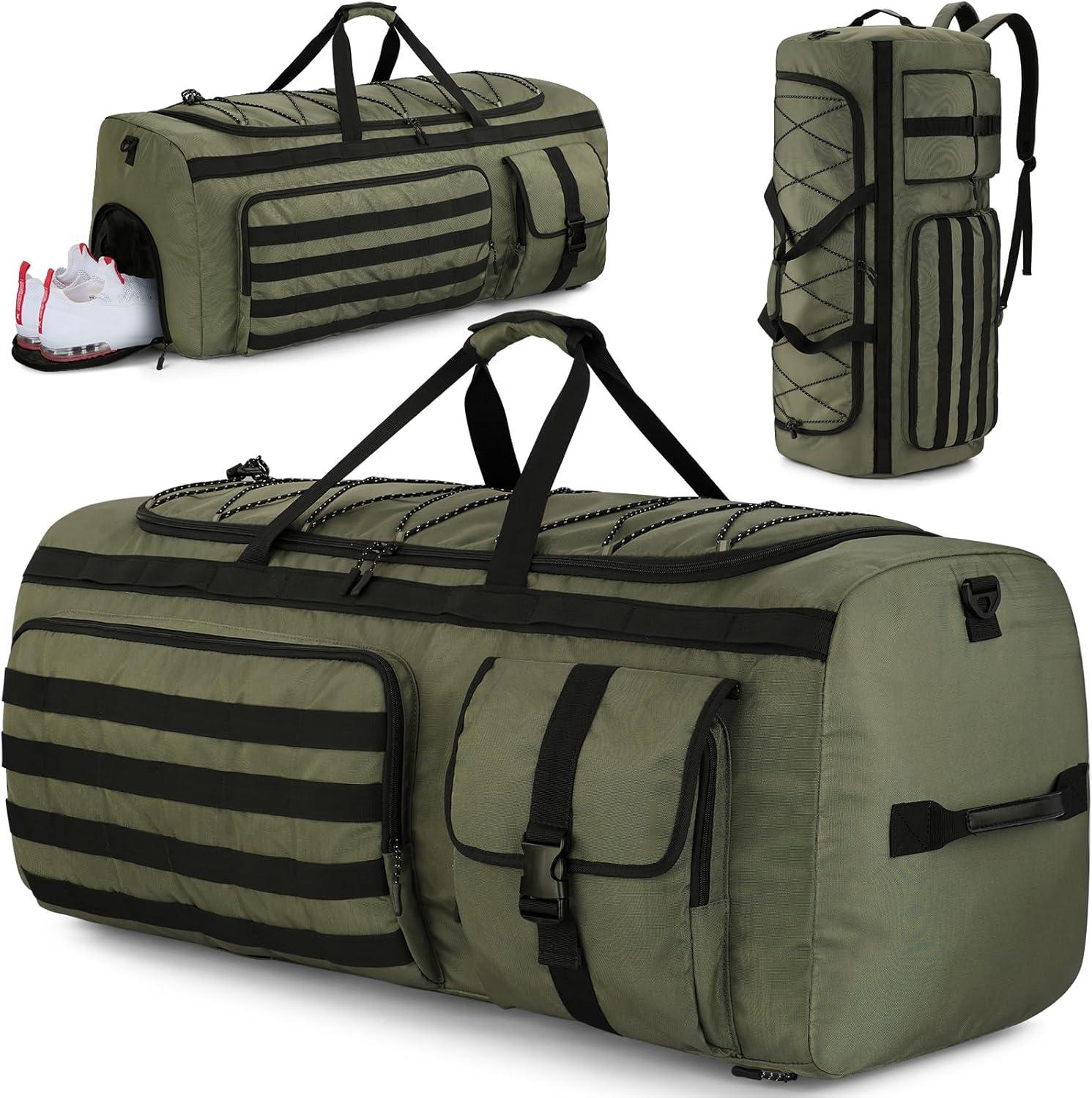 image:imageGonex 130L Extra Large Duffel Bag for Men Heavy Duty 3 in 1 Convertible Carry Travel Duffle with Shoe Compartment Tactical Loops Sports Gear Bag for Family Trips BlackArmy Green