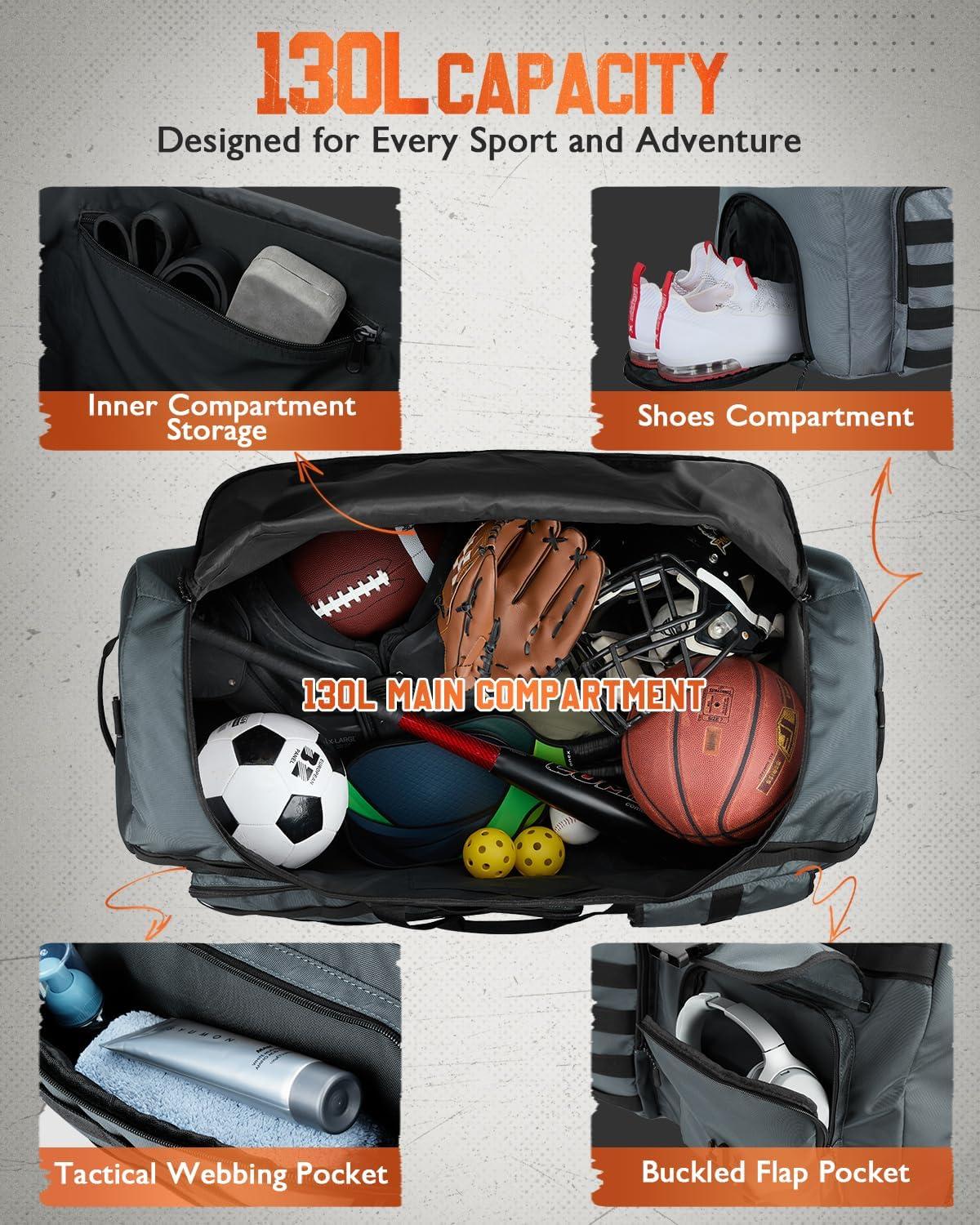 image:imageGonex 130L Extra Large Duffel Bag for Men Heavy Duty 3 in 1 Convertible Carry Travel Duffle with Shoe Compartment Tactical Loops Sports Gear Bag for Family Trips BlackGrey