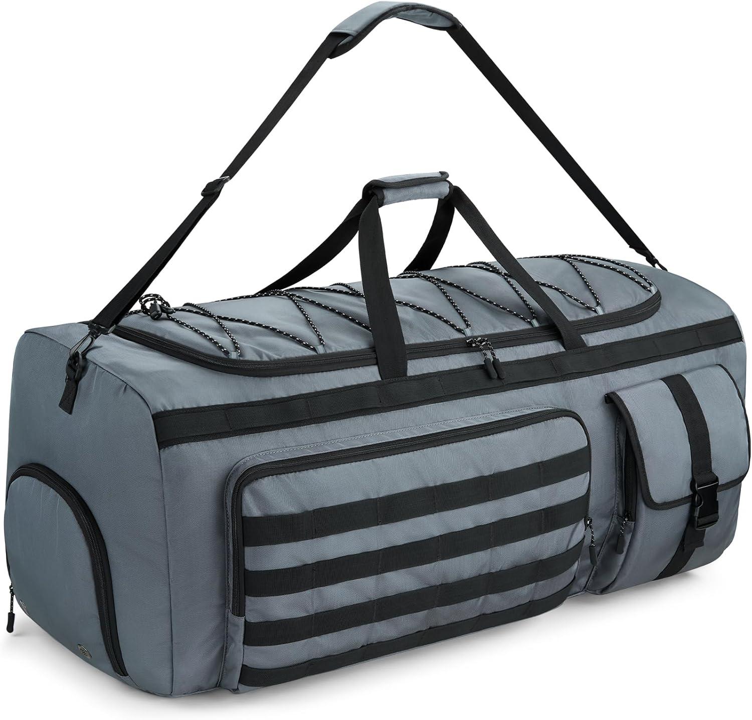 image:imageGonex 130L Extra Large Duffel Bag for Men Heavy Duty 3 in 1 Convertible Carry Travel Duffle with Shoe Compartment Tactical Loops Sports Gear Bag for Family Trips BlackGrey