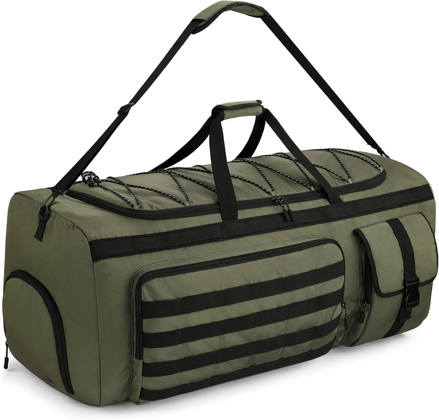 image:imageGonex 130L Extra Large Duffel Bag for Men Heavy Duty 3 in 1 Convertible Carry Travel Duffle with Shoe Compartment Tactical Loops Sports Gear Bag for Family Trips BlackArmy Green