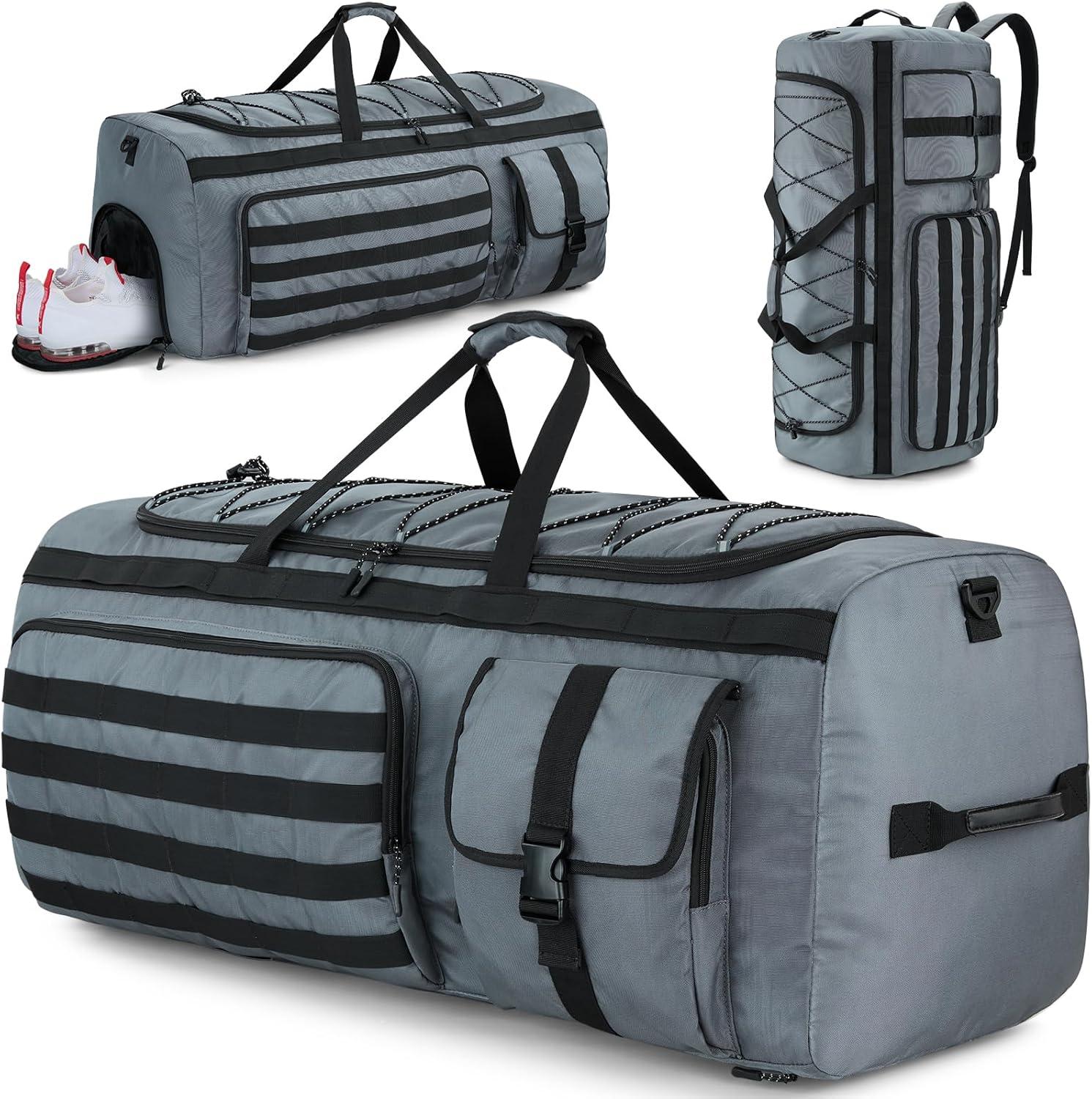 image:imageGonex 130L Extra Large Duffel Bag for Men Heavy Duty 3 in 1 Convertible Carry Travel Duffle with Shoe Compartment Tactical Loops Sports Gear Bag for Family Trips BlackGrey