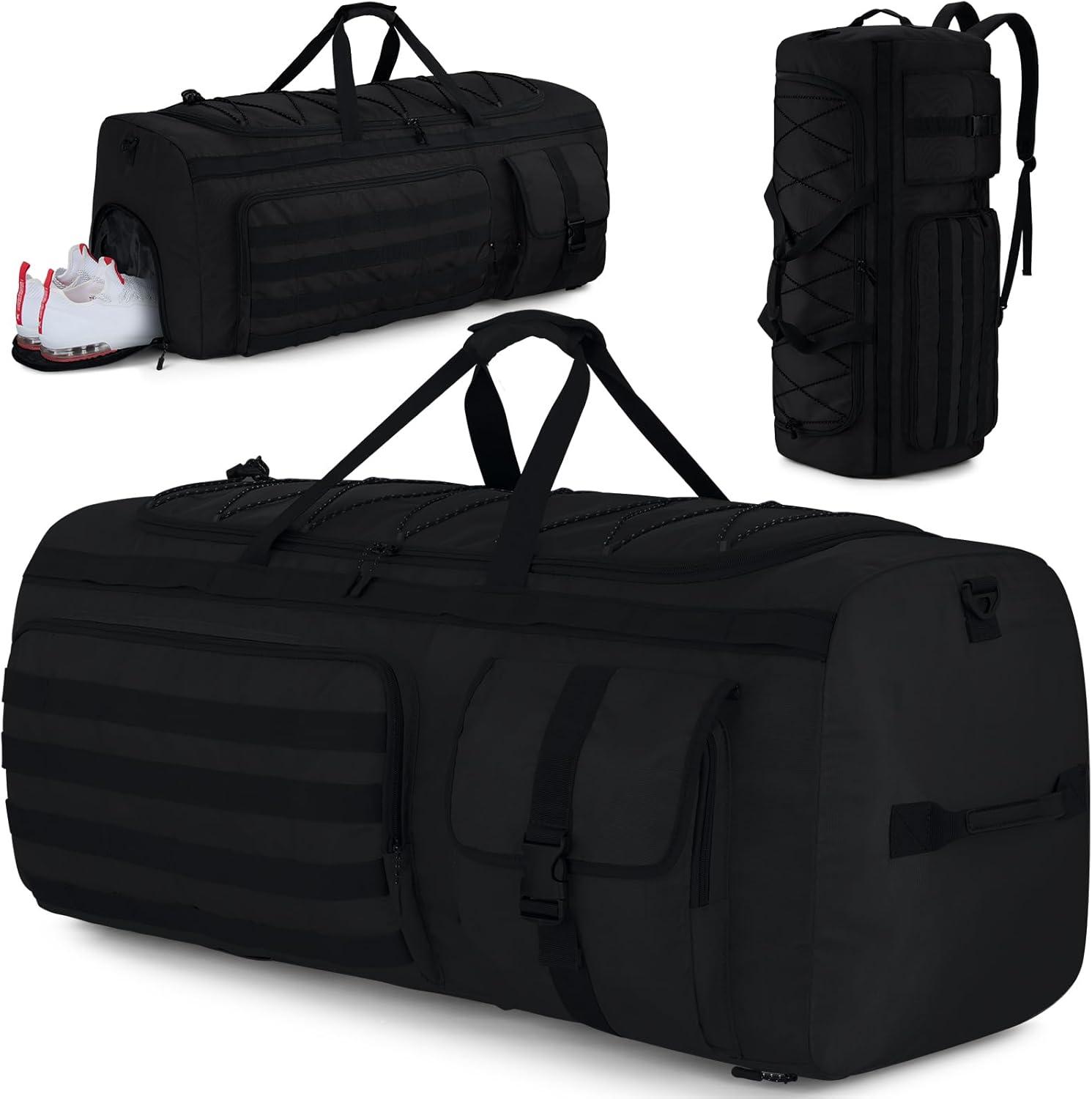 image:imageGonex 130L Extra Large Duffel Bag for Men Heavy Duty 3 in 1 Convertible Carry Travel Duffle with Shoe Compartment Tactical Loops Sports Gear Bag for Family Trips BlackBlack