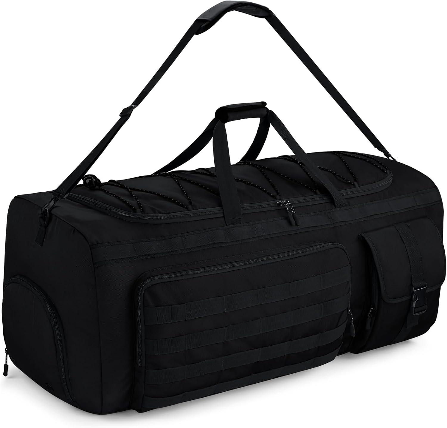 image:imageGonex 130L Extra Large Duffel Bag for Men Heavy Duty 3 in 1 Convertible Carry Travel Duffle with Shoe Compartment Tactical Loops Sports Gear Bag for Family Trips BlackBlack