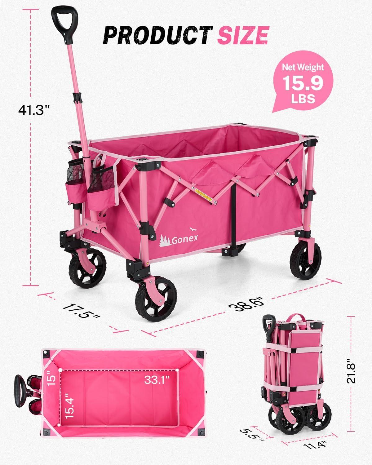 image:imageGonex 220L Collapsible Foldable Wagon Cart with 360lbs Weight Capacity 38L Folding Utility Garden Cart with Detachable Wheels for Grocery Sports Shopping Camping BlackPink