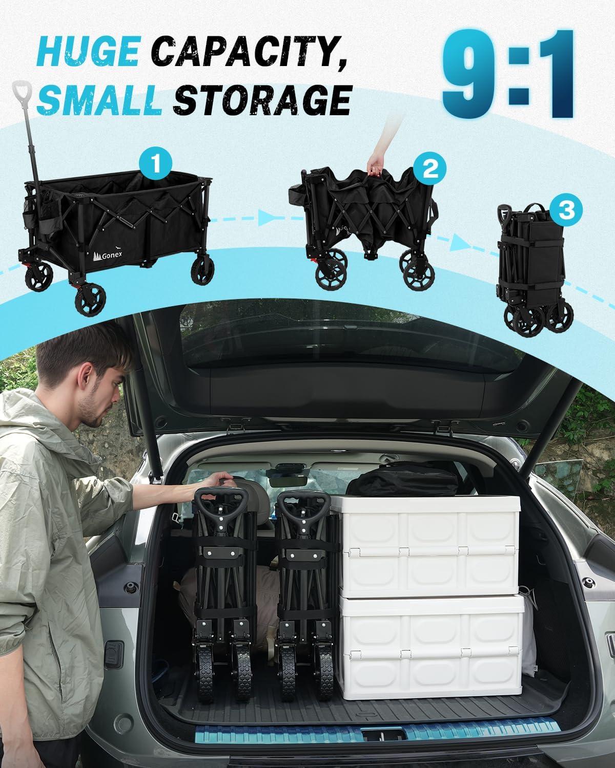 image:imageGonex 220L Collapsible Foldable Wagon Cart with 360lbs Weight Capacity 38L Folding Utility Garden Cart with Detachable Wheels for Grocery Sports Shopping Camping BlackBlack