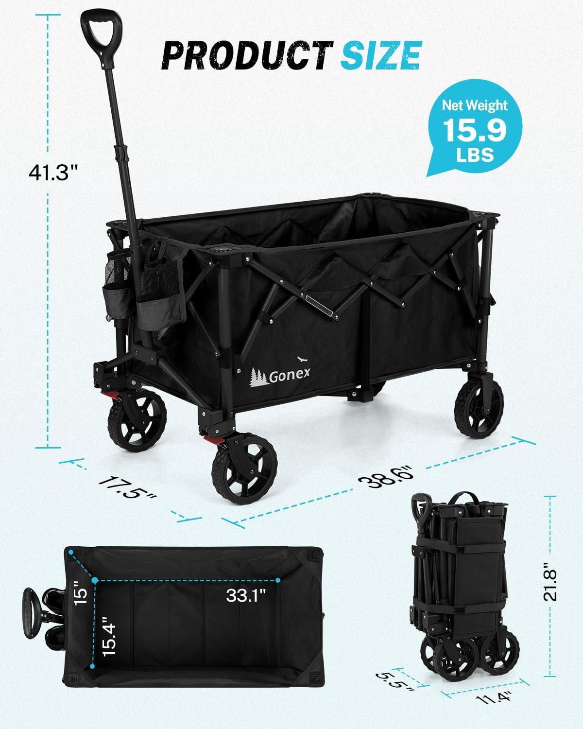 image:imageGonex 220L Collapsible Foldable Wagon Cart with 360lbs Weight Capacity 38L Folding Utility Garden Cart with Detachable Wheels for Grocery Sports Shopping Camping BlackBlack