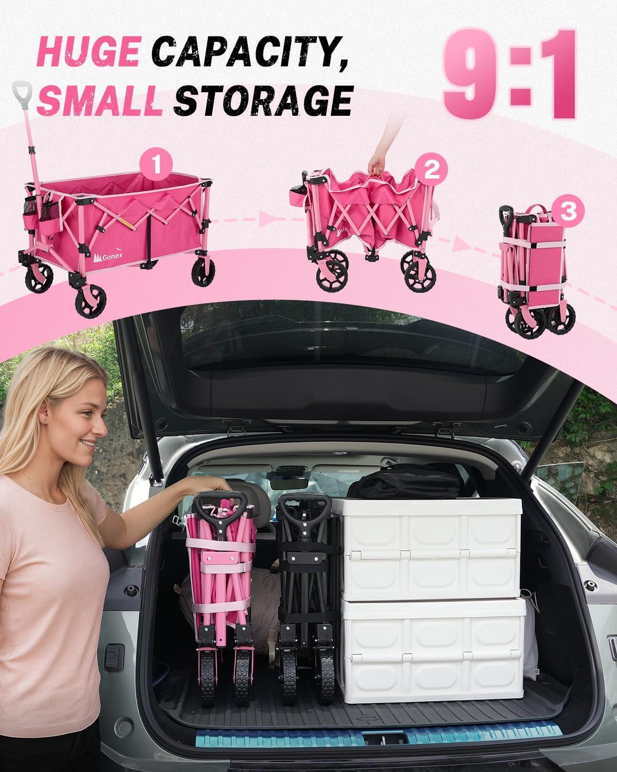 image:imageGonex 220L Collapsible Foldable Wagon Cart with 360lbs Weight Capacity 38L Folding Utility Garden Cart with Detachable Wheels for Grocery Sports Shopping Camping BlackPink