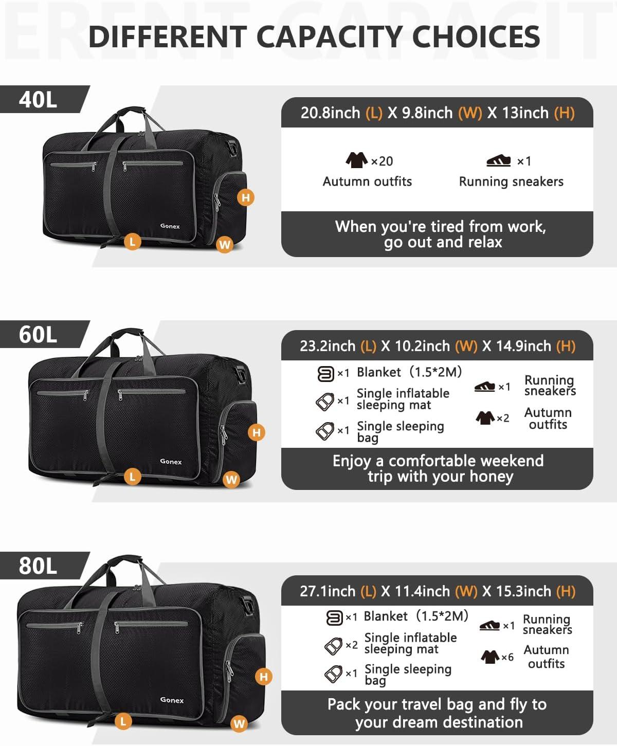 image:imageGonex 40L 60L 80L 100L 150L Large Foldable Travel Duffle Bag with Shoes Compartment Packable Lightweight Water Repellent Duffel Bag for Camping Gym Weekender BagBlack