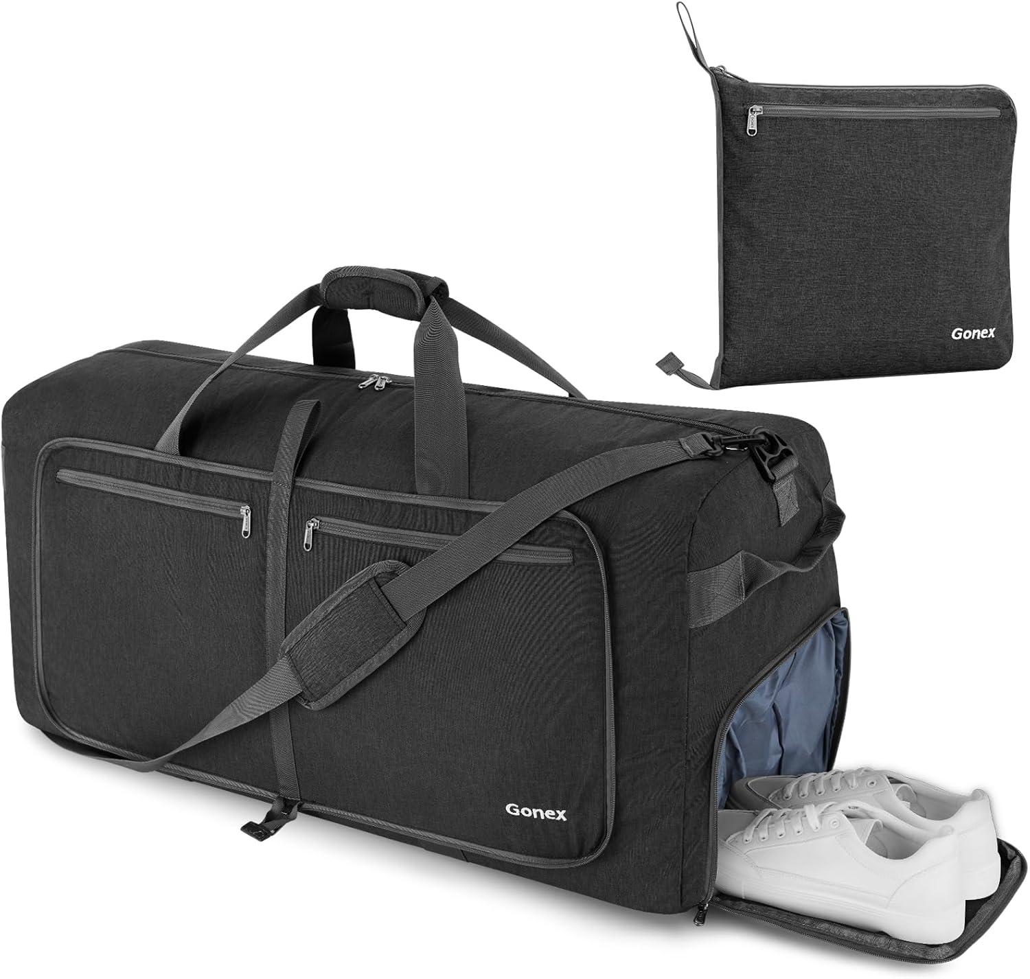 image:imageGonex 40L 60L 80L 100L 150L Large Foldable Travel Duffle Bag with Shoes Compartment Packable Lightweight Water Repellent Duffel Bag for Camping Gym Weekender BagDark Grey