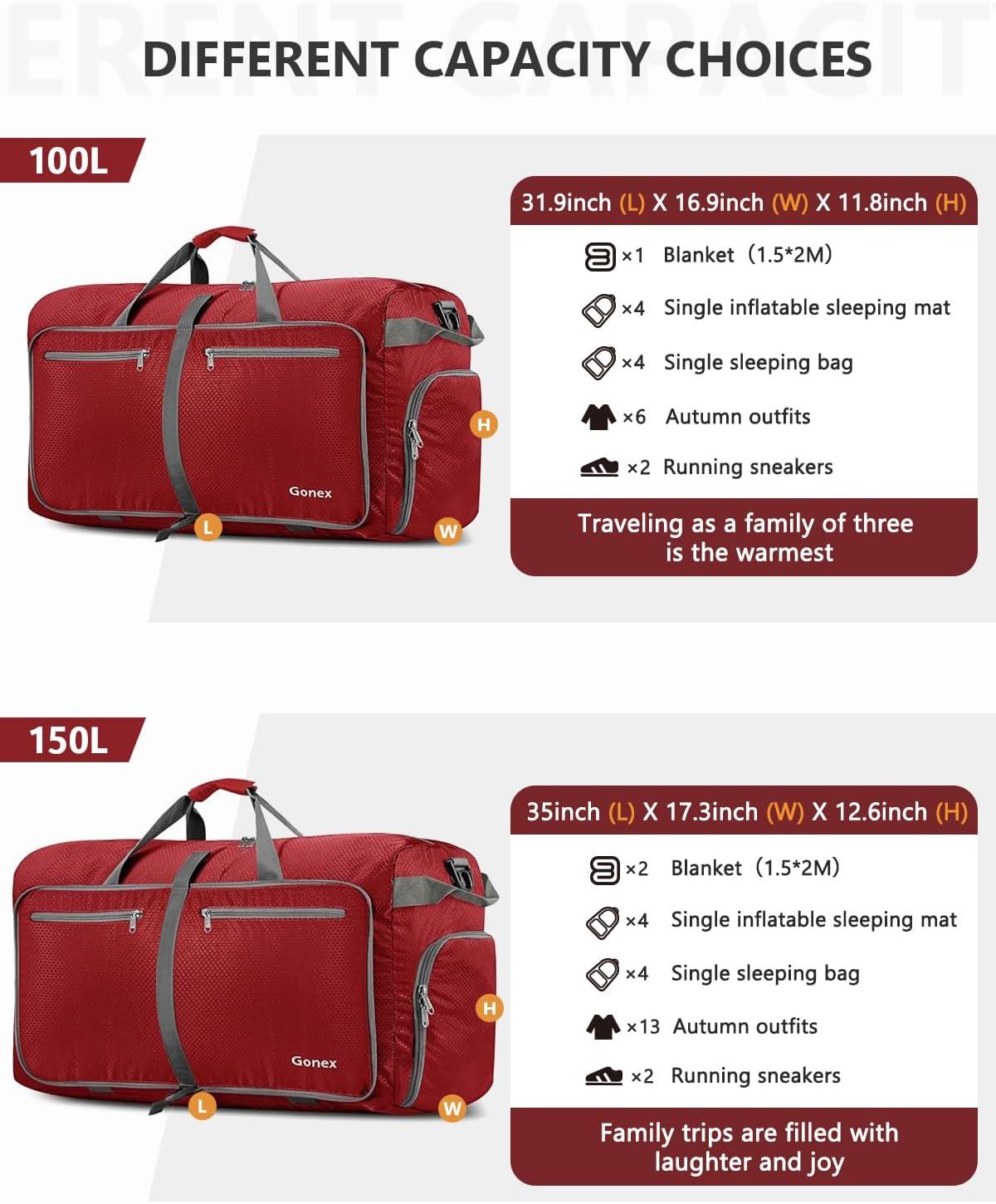 image:imageGonex 40L 60L 80L 100L 150L Large Foldable Travel Duffle Bag with Shoes Compartment Packable Lightweight Water Repellent Duffel Bag for Camping Gym Weekender BagRed