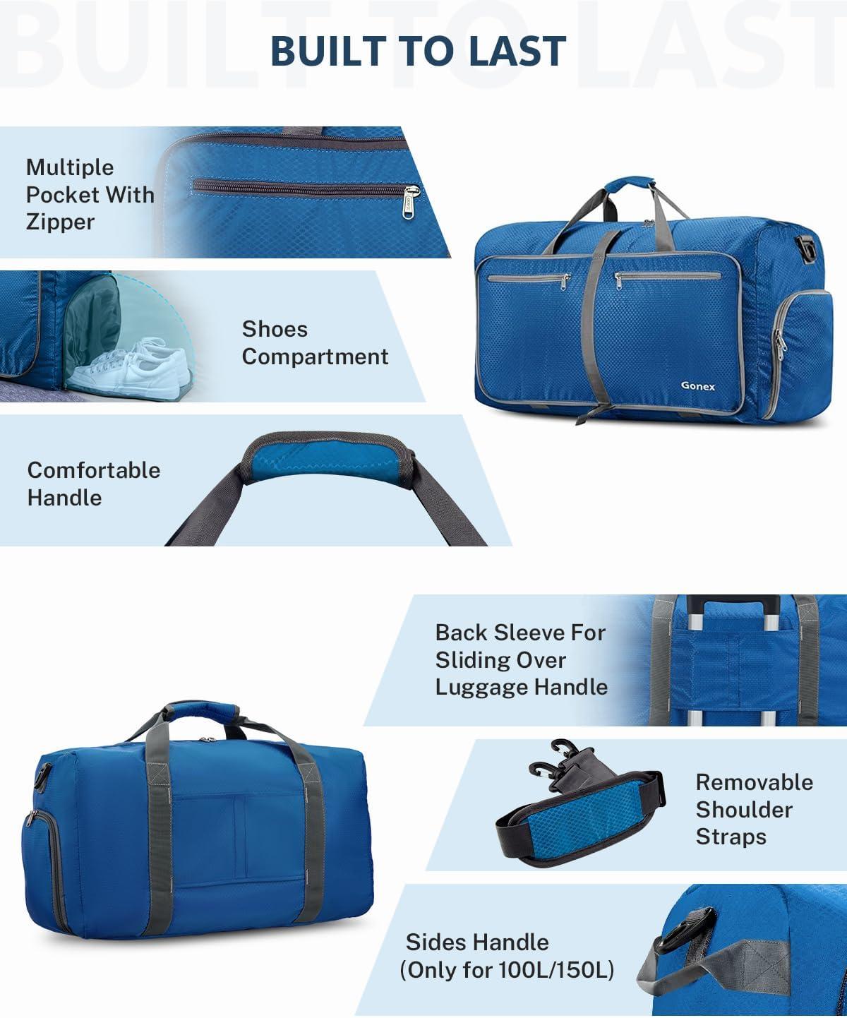 image:imageGonex 40L 60L 80L 100L 150L Large Foldable Travel Duffle Bag with Shoes Compartment Packable Lightweight Water Repellent Duffel Bag for Camping Gym Weekender BagDeep Blue