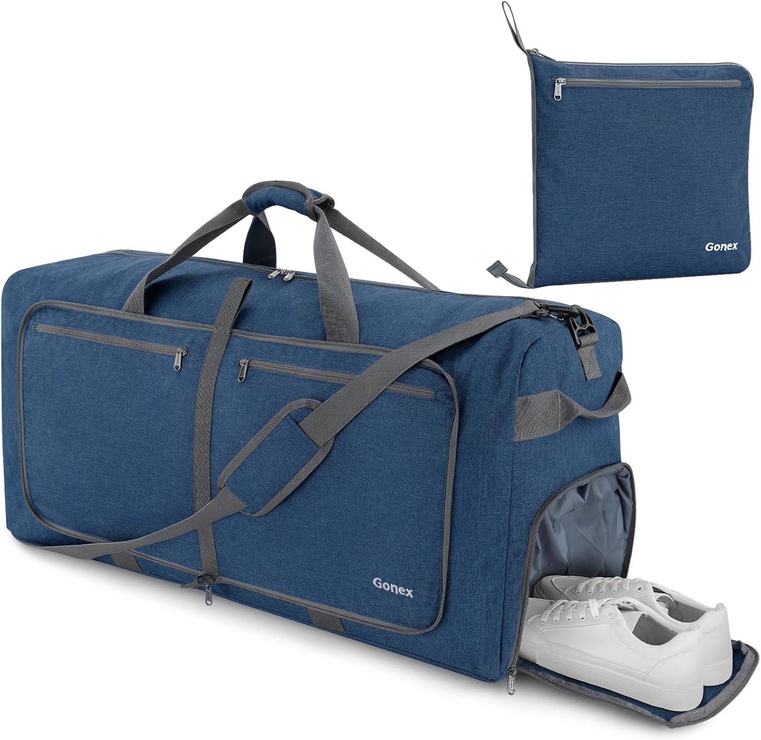 image:imageGonex 40L 60L 80L 100L 150L Large Foldable Travel Duffle Bag with Shoes Compartment Packable Lightweight Water Repellent Duffel Bag for Camping Gym Weekender BagDark Blue