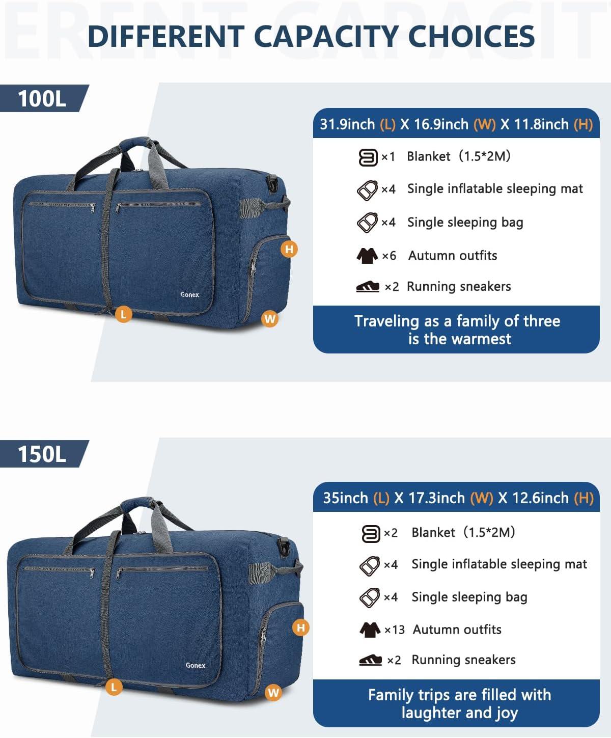 image:imageGonex 40L 60L 80L 100L 150L Large Foldable Travel Duffle Bag with Shoes Compartment Packable Lightweight Water Repellent Duffel Bag for Camping Gym Weekender BagDark Blue