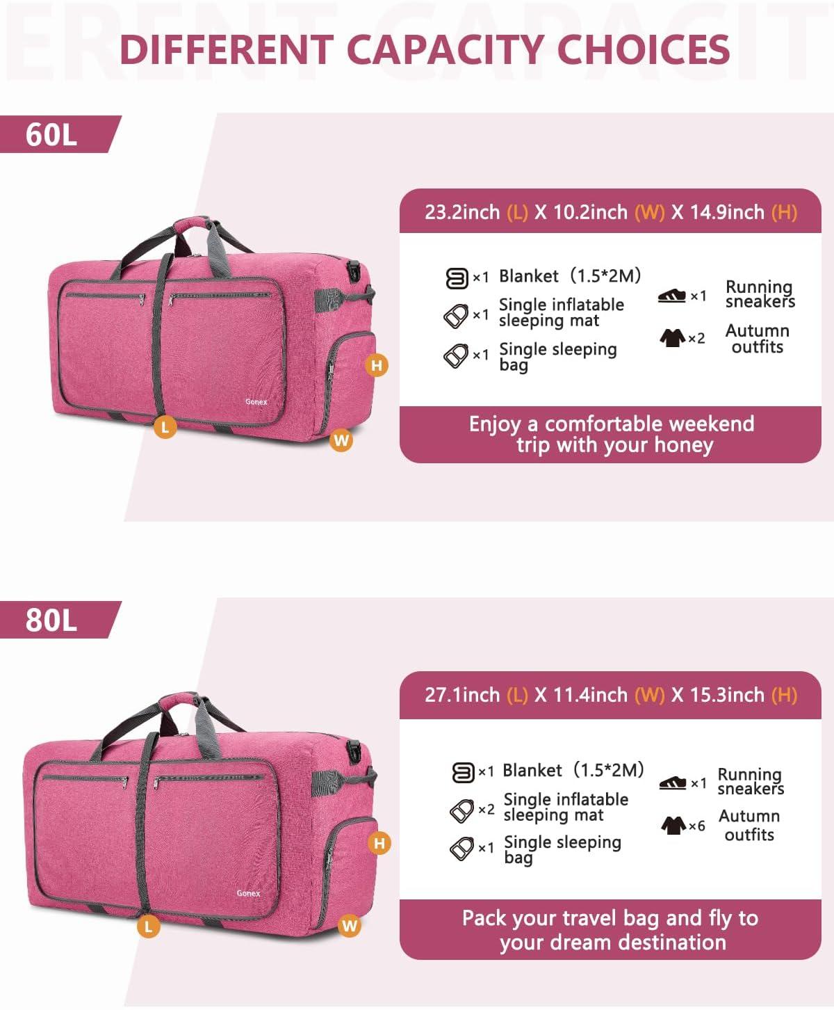 image:imageGonex 40L 60L 80L 100L 150L Large Foldable Travel Duffle Bag with Shoes Compartment Packable Lightweight Water Repellent Duffel Bag for Camping Gym Weekender BagPink