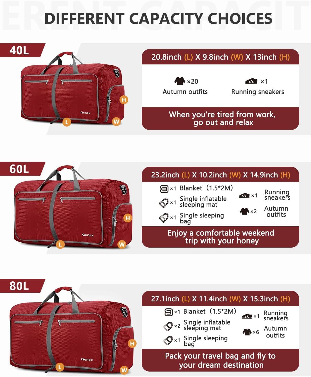 image:imageGonex 40L 60L 80L 100L 150L Large Foldable Travel Duffle Bag with Shoes Compartment Packable Lightweight Water Repellent Duffel Bag for Camping Gym Weekender BagRed