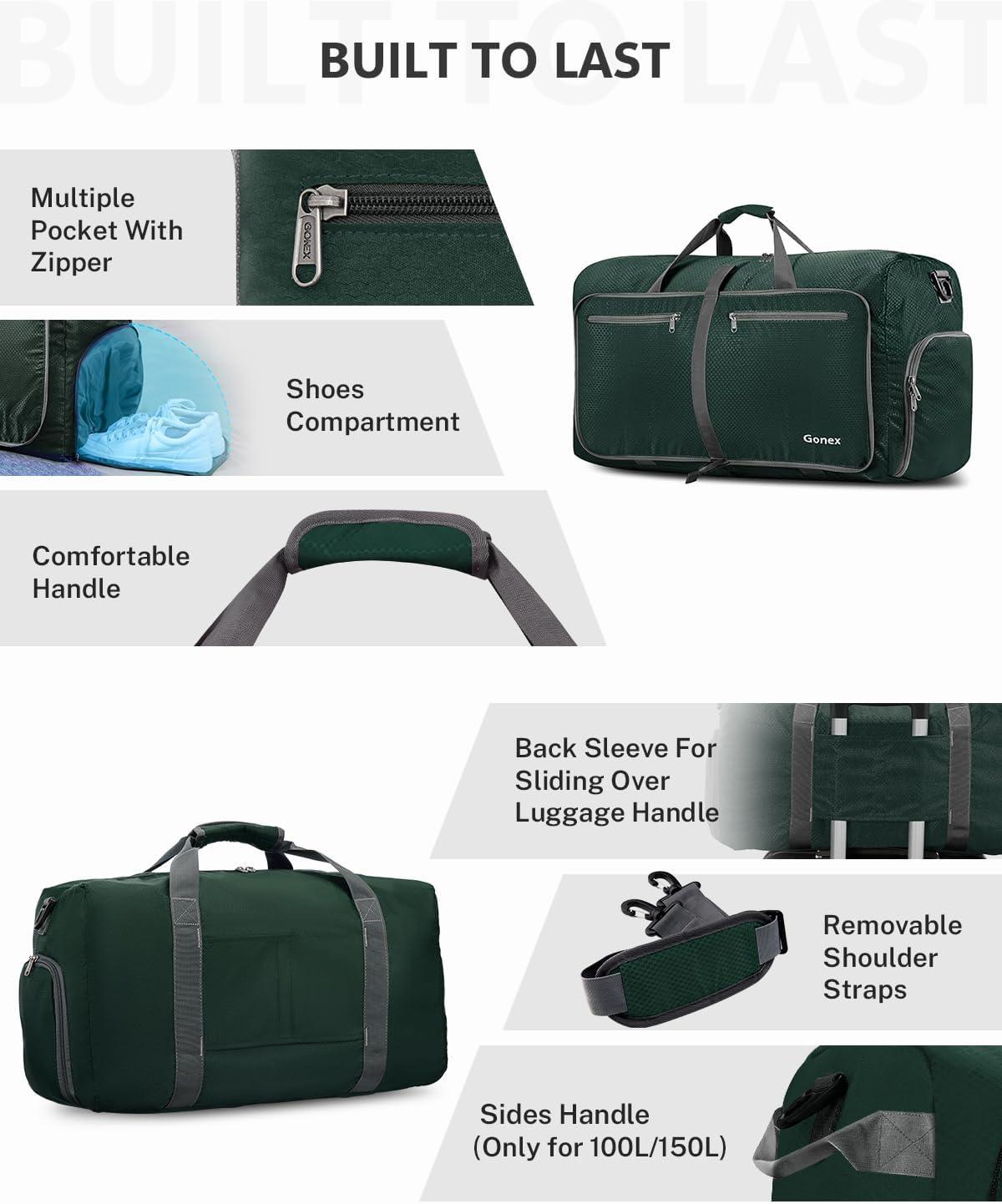 image:imageGonex 40L 60L 80L 100L 150L Large Foldable Travel Duffle Bag with Shoes Compartment Packable Lightweight Water Repellent Duffel Bag for Camping Gym Weekender BagDark Green