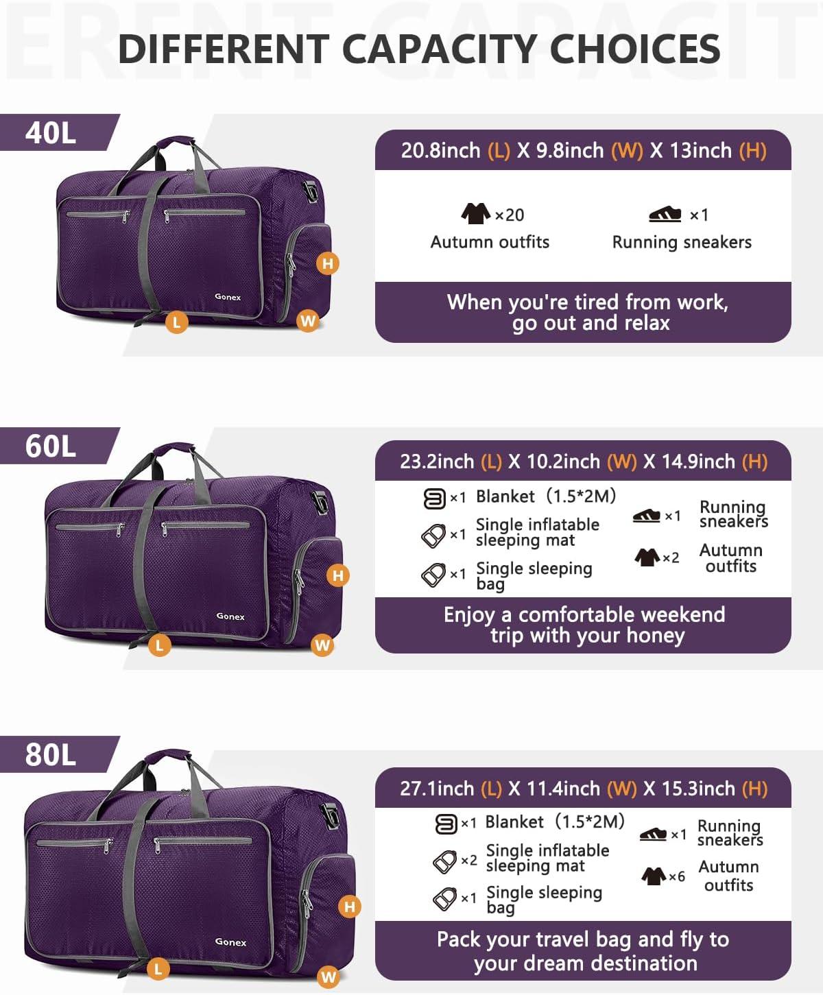 image:imageGonex 40L 60L 80L 100L 150L Large Foldable Travel Duffle Bag with Shoes Compartment Packable Lightweight Water Repellent Duffel Bag for Camping Gym Weekender BagPurple