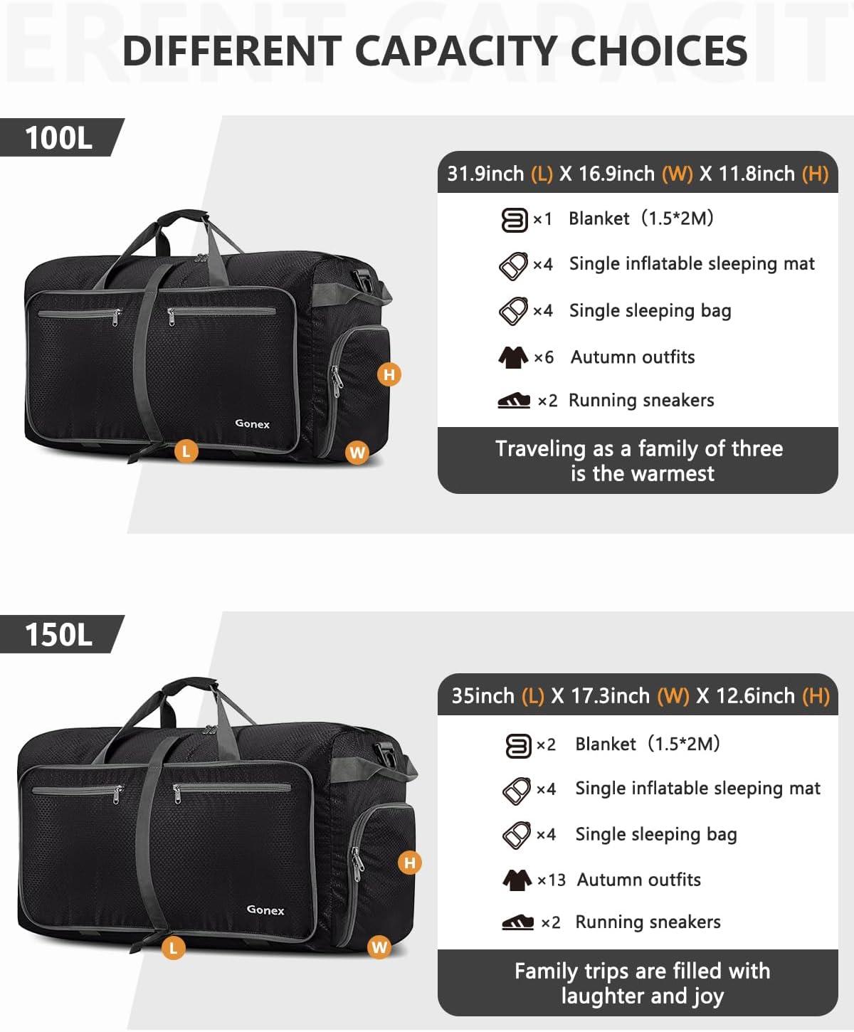 image:imageGonex 40L 60L 80L 100L 150L Large Foldable Travel Duffle Bag with Shoes Compartment Packable Lightweight Water Repellent Duffel Bag for Camping Gym Weekender BagBlack