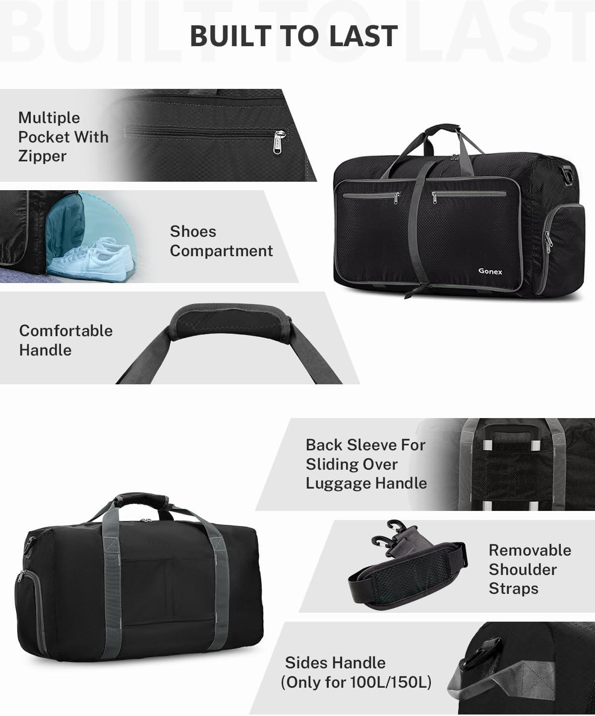 image:imageGonex 40L 60L 80L 100L 150L Large Foldable Travel Duffle Bag with Shoes Compartment Packable Lightweight Water Repellent Duffel Bag for Camping Gym Weekender BagBlack