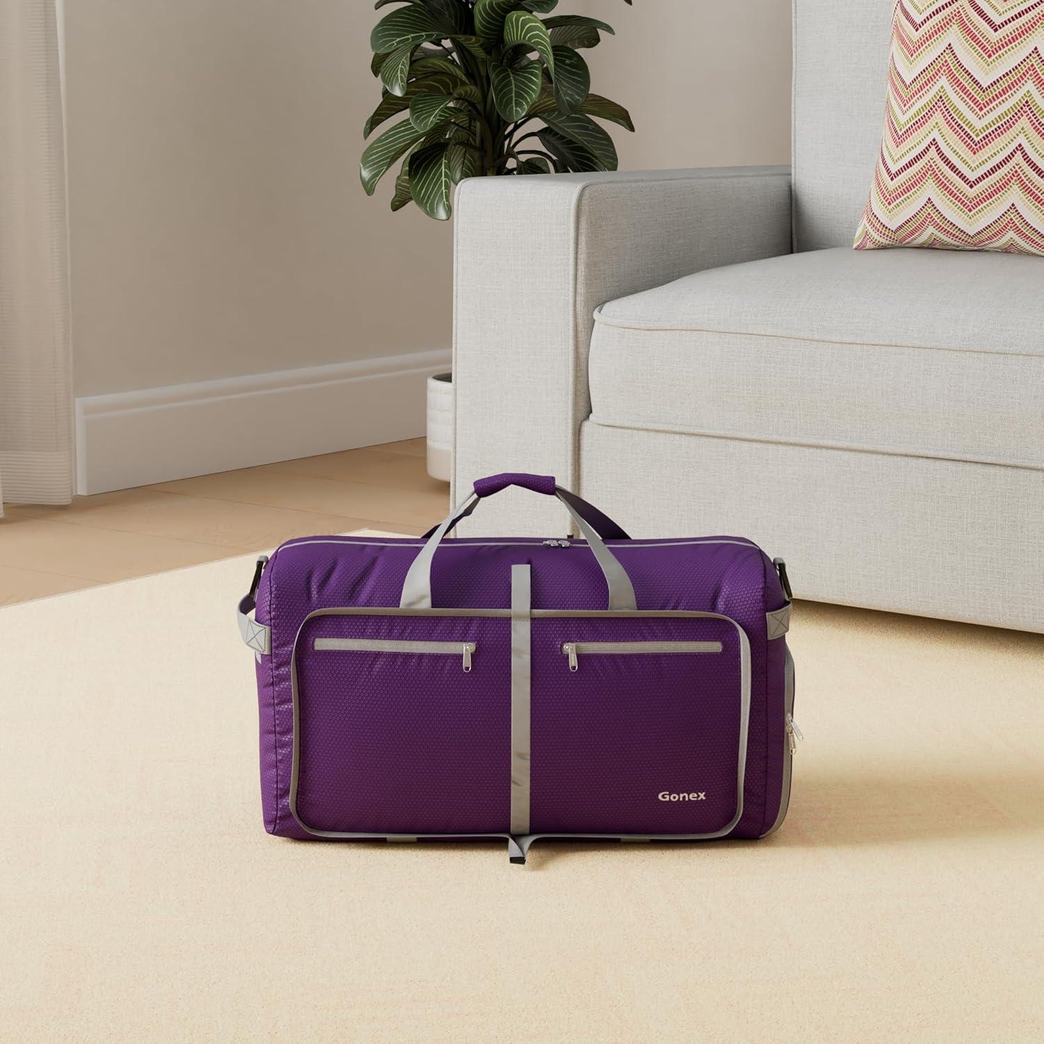 image:imageGonex 40L 60L 80L 100L 150L Large Foldable Travel Duffle Bag with Shoes Compartment Packable Lightweight Water Repellent Duffel Bag for Camping Gym Weekender BagPurple
