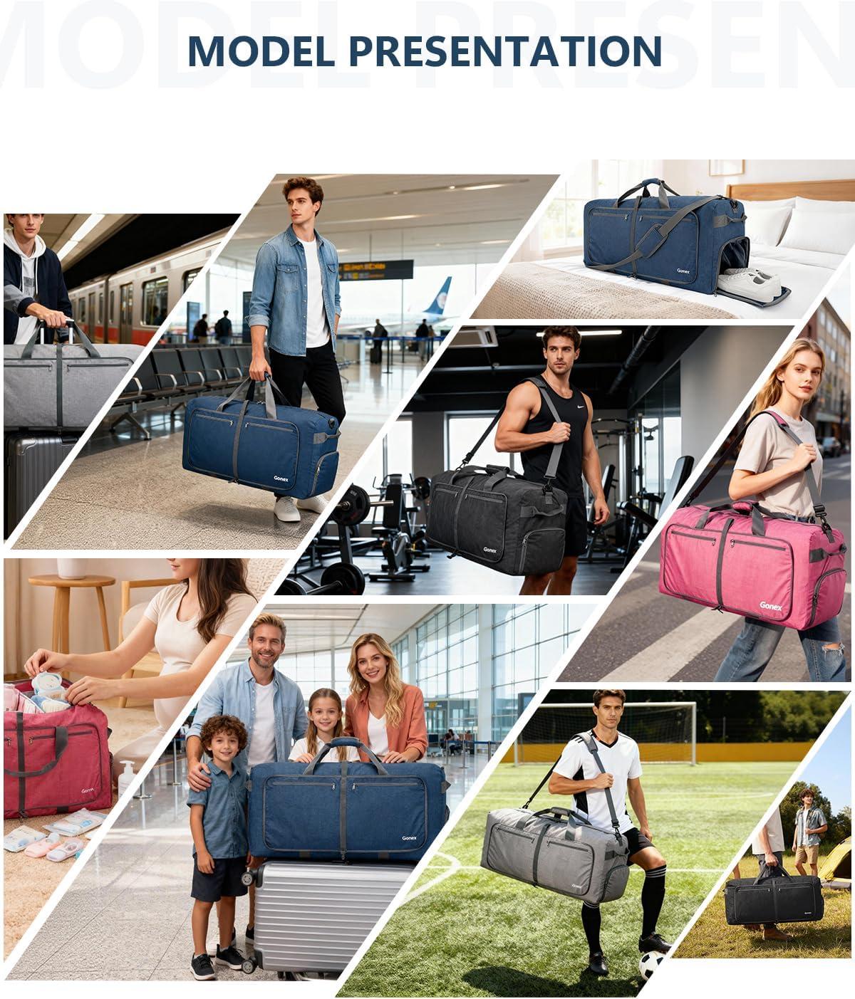 image:imageGonex 40L 60L 80L 100L 150L Large Foldable Travel Duffle Bag with Shoes Compartment Packable Lightweight Water Repellent Duffel Bag for Camping Gym Weekender BagDark Blue