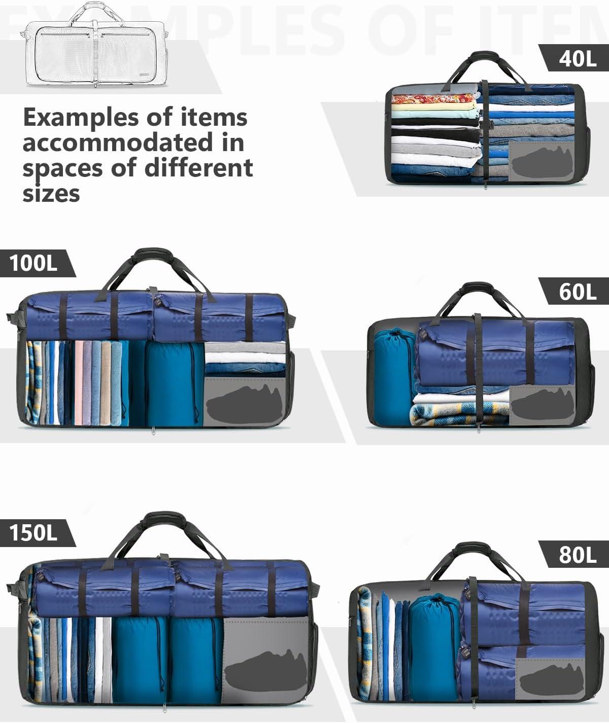 image:imageGonex 40L 60L 80L 100L 150L Large Foldable Travel Duffle Bag with Shoes Compartment Packable Lightweight Water Repellent Duffel Bag for Camping Gym Weekender BagGray
