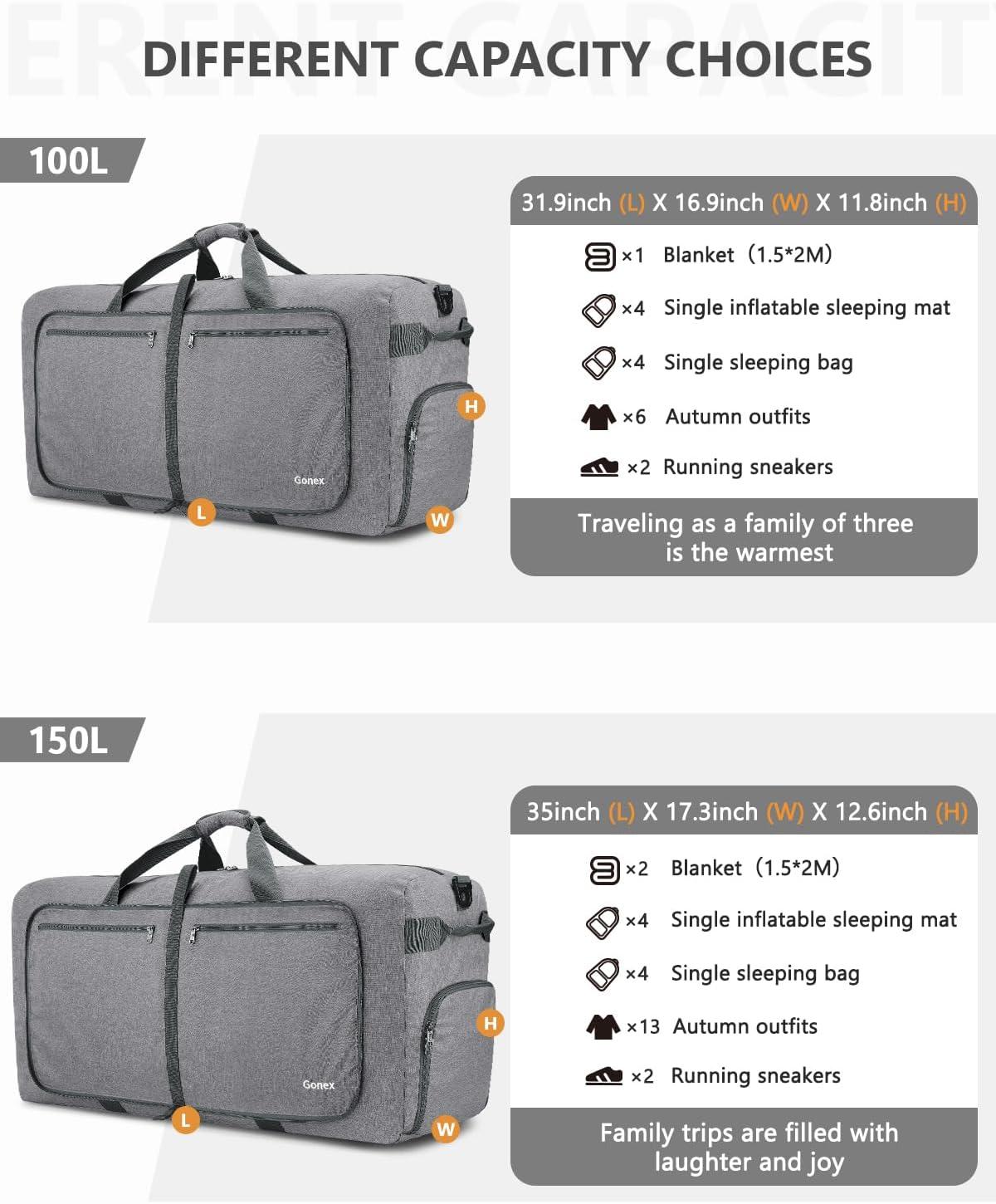 image:imageGonex 40L 60L 80L 100L 150L Large Foldable Travel Duffle Bag with Shoes Compartment Packable Lightweight Water Repellent Duffel Bag for Camping Gym Weekender BagLight Grey