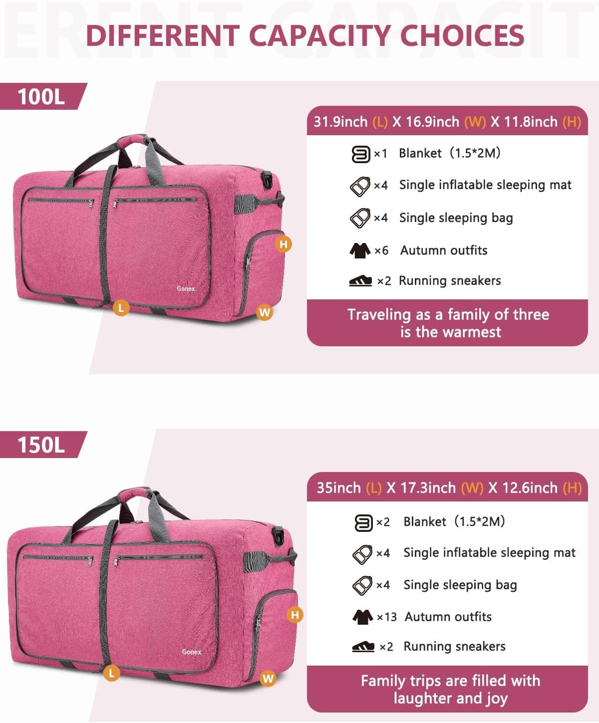 image:imageGonex 40L 60L 80L 100L 150L Large Foldable Travel Duffle Bag with Shoes Compartment Packable Lightweight Water Repellent Duffel Bag for Camping Gym Weekender BagPink