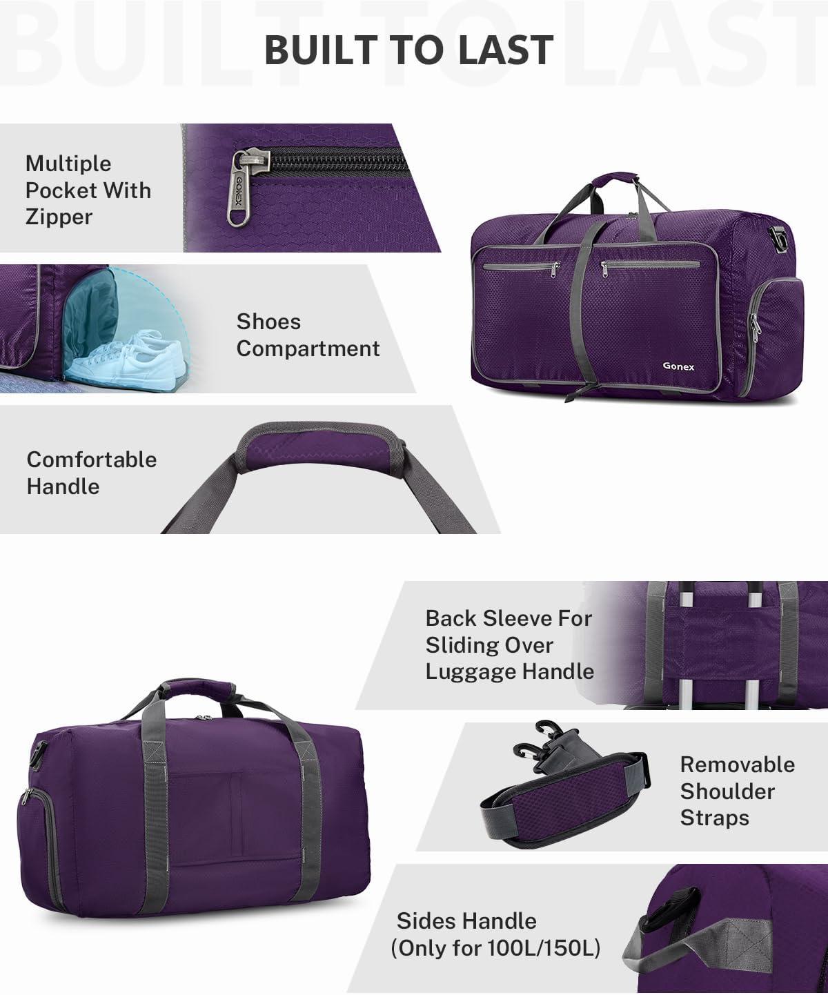 image:imageGonex 40L 60L 80L 100L 150L Large Foldable Travel Duffle Bag with Shoes Compartment Packable Lightweight Water Repellent Duffel Bag for Camping Gym Weekender BagPurple