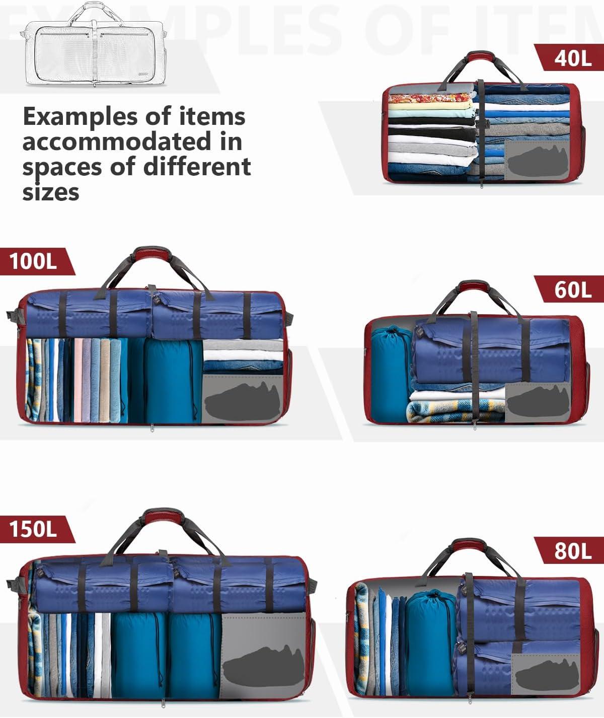 image:imageGonex 40L 60L 80L 100L 150L Large Foldable Travel Duffle Bag with Shoes Compartment Packable Lightweight Water Repellent Duffel Bag for Camping Gym Weekender BagRed