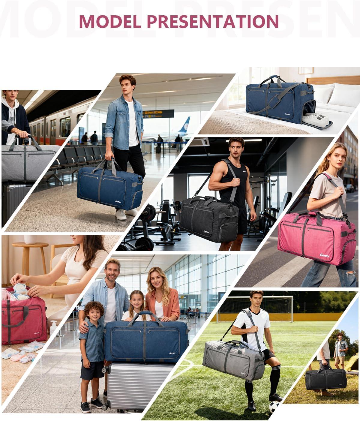 image:imageGonex 40L 60L 80L 100L 150L Large Foldable Travel Duffle Bag with Shoes Compartment Packable Lightweight Water Repellent Duffel Bag for Camping Gym Weekender BagPink