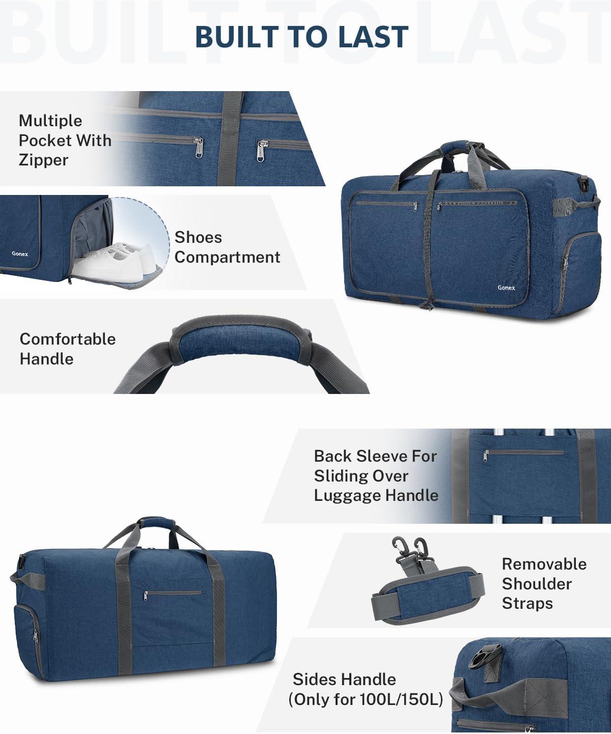 image:imageGonex 40L 60L 80L 100L 150L Large Foldable Travel Duffle Bag with Shoes Compartment Packable Lightweight Water Repellent Duffel Bag for Camping Gym Weekender BagDark Blue