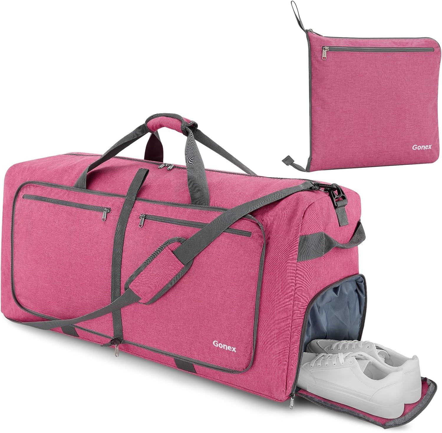 image:imageGonex 40L 60L 80L 100L 150L Large Foldable Travel Duffle Bag with Shoes Compartment Packable Lightweight Water Repellent Duffel Bag for Camping Gym Weekender BagPink
