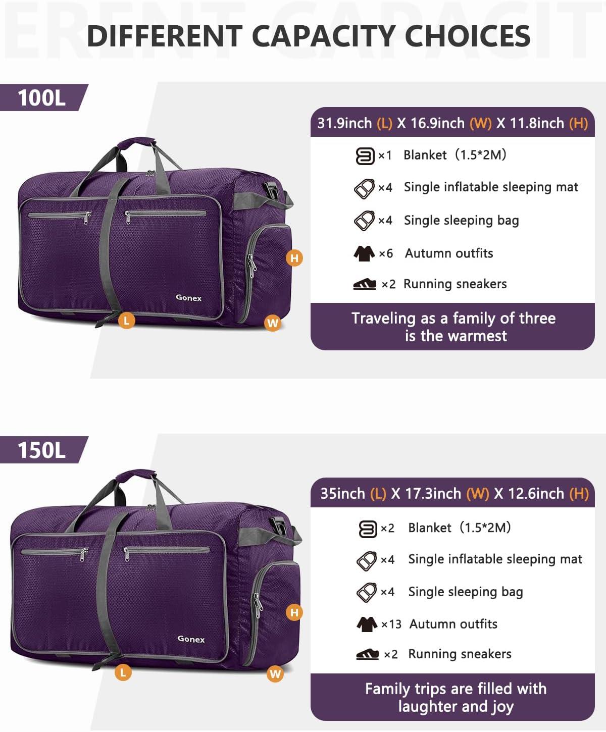 image:imageGonex 40L 60L 80L 100L 150L Large Foldable Travel Duffle Bag with Shoes Compartment Packable Lightweight Water Repellent Duffel Bag for Camping Gym Weekender BagPurple