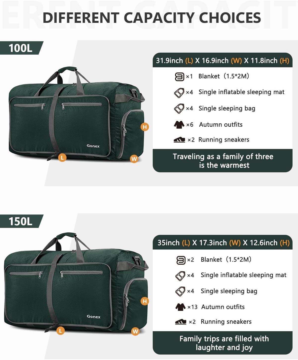 image:imageGonex 40L 60L 80L 100L 150L Large Foldable Travel Duffle Bag with Shoes Compartment Packable Lightweight Water Repellent Duffel Bag for Camping Gym Weekender BagDark Green