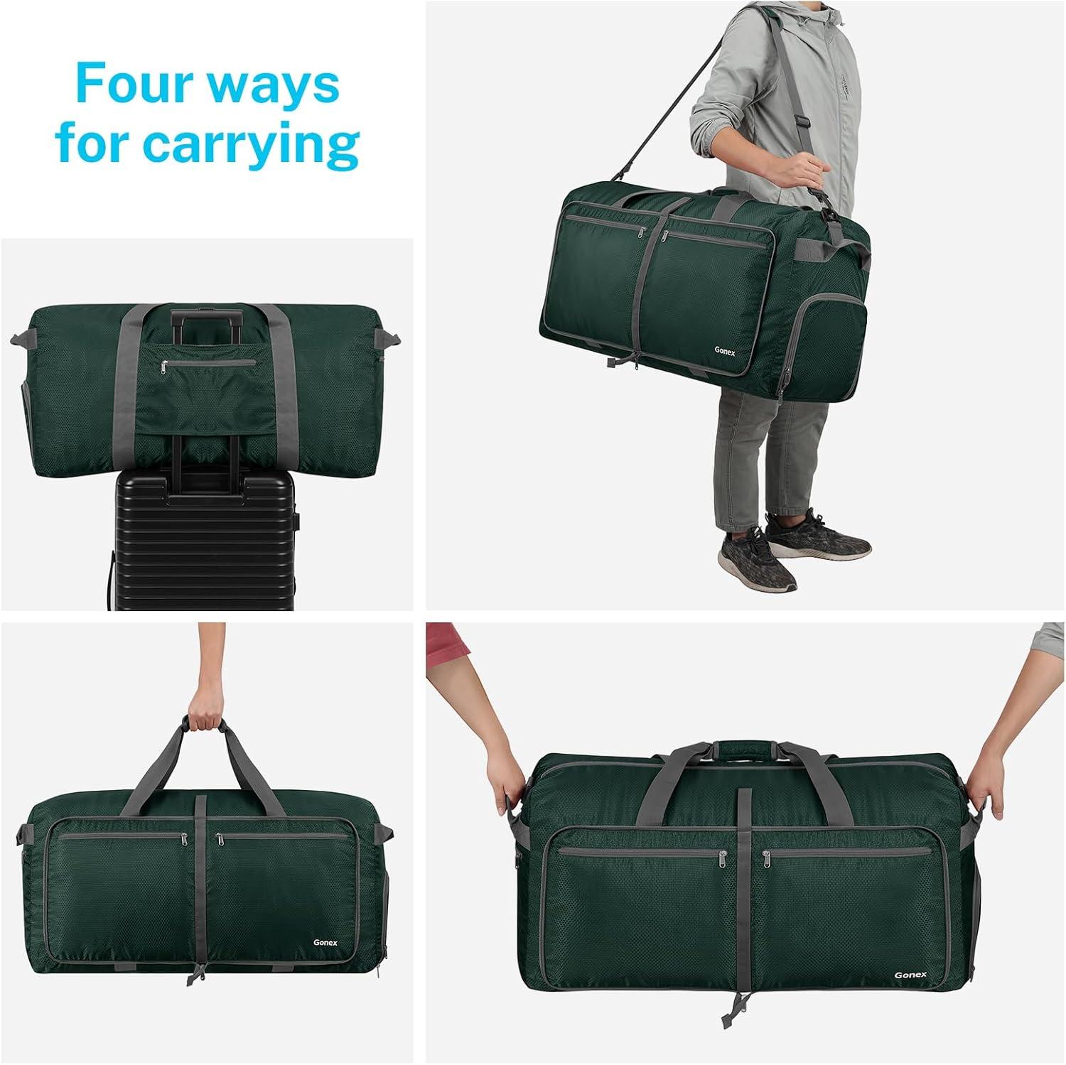 image:imageGonex 40L 60L 80L 100L 150L Large Foldable Travel Duffle Bag with Shoes Compartment Packable Lightweight Water Repellent Duffel Bag for Camping Gym Weekender BagBlackish Green