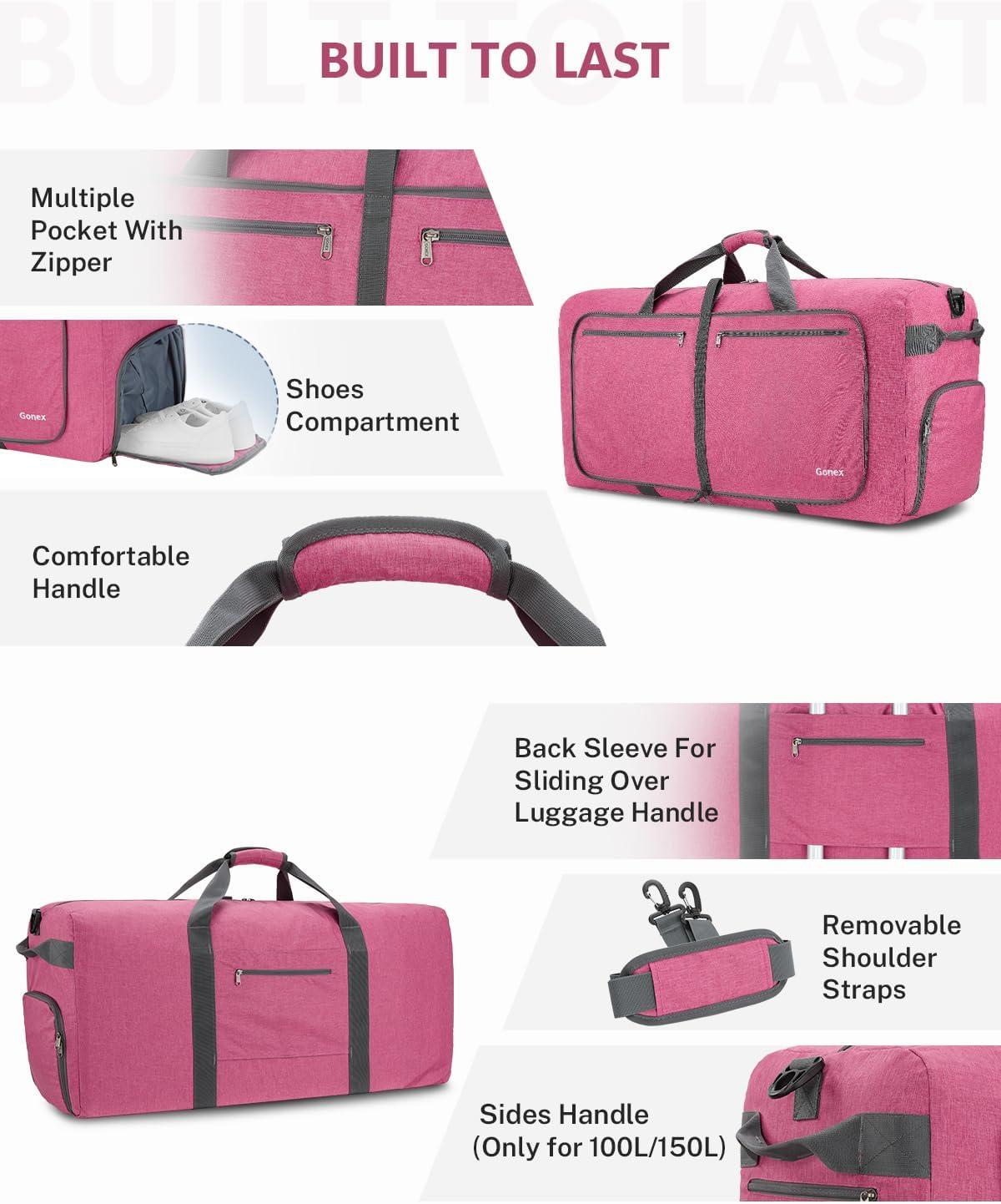 image:imageGonex 40L 60L 80L 100L 150L Large Foldable Travel Duffle Bag with Shoes Compartment Packable Lightweight Water Repellent Duffel Bag for Camping Gym Weekender BagPink