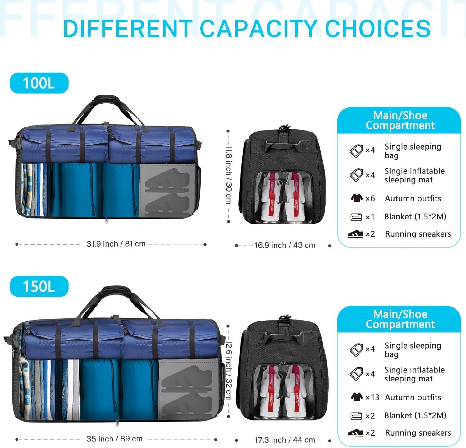 image:imageGonex 40L 60L 80L 100L 150L Large Foldable Travel Duffle Bag with Shoes Compartment Packable Lightweight Water Repellent Duffel Bag for Camping Gym Weekender BagBlackish Green
