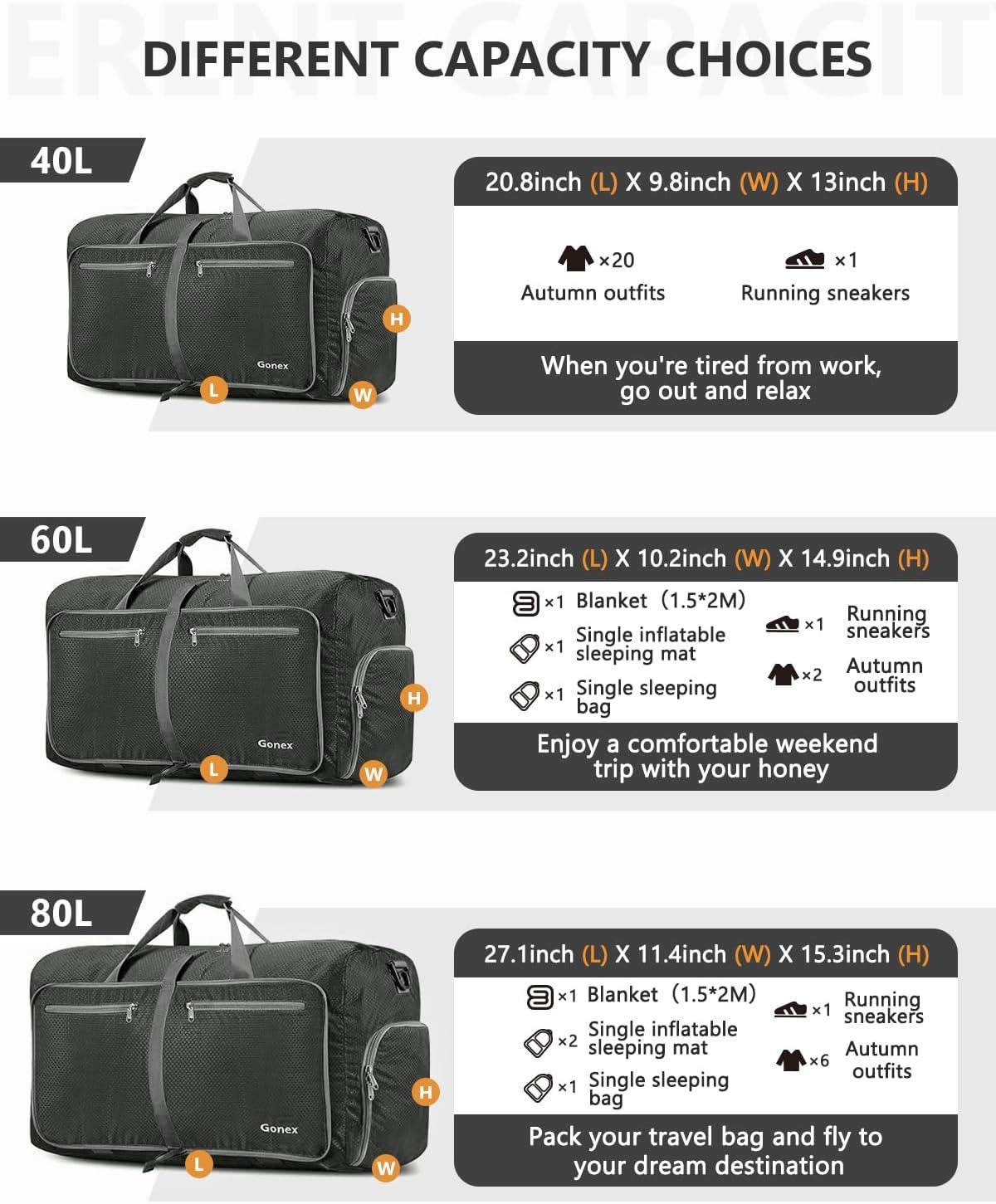 image:imageGonex 40L 60L 80L 100L 150L Large Foldable Travel Duffle Bag with Shoes Compartment Packable Lightweight Water Repellent Duffel Bag for Camping Gym Weekender BagGray