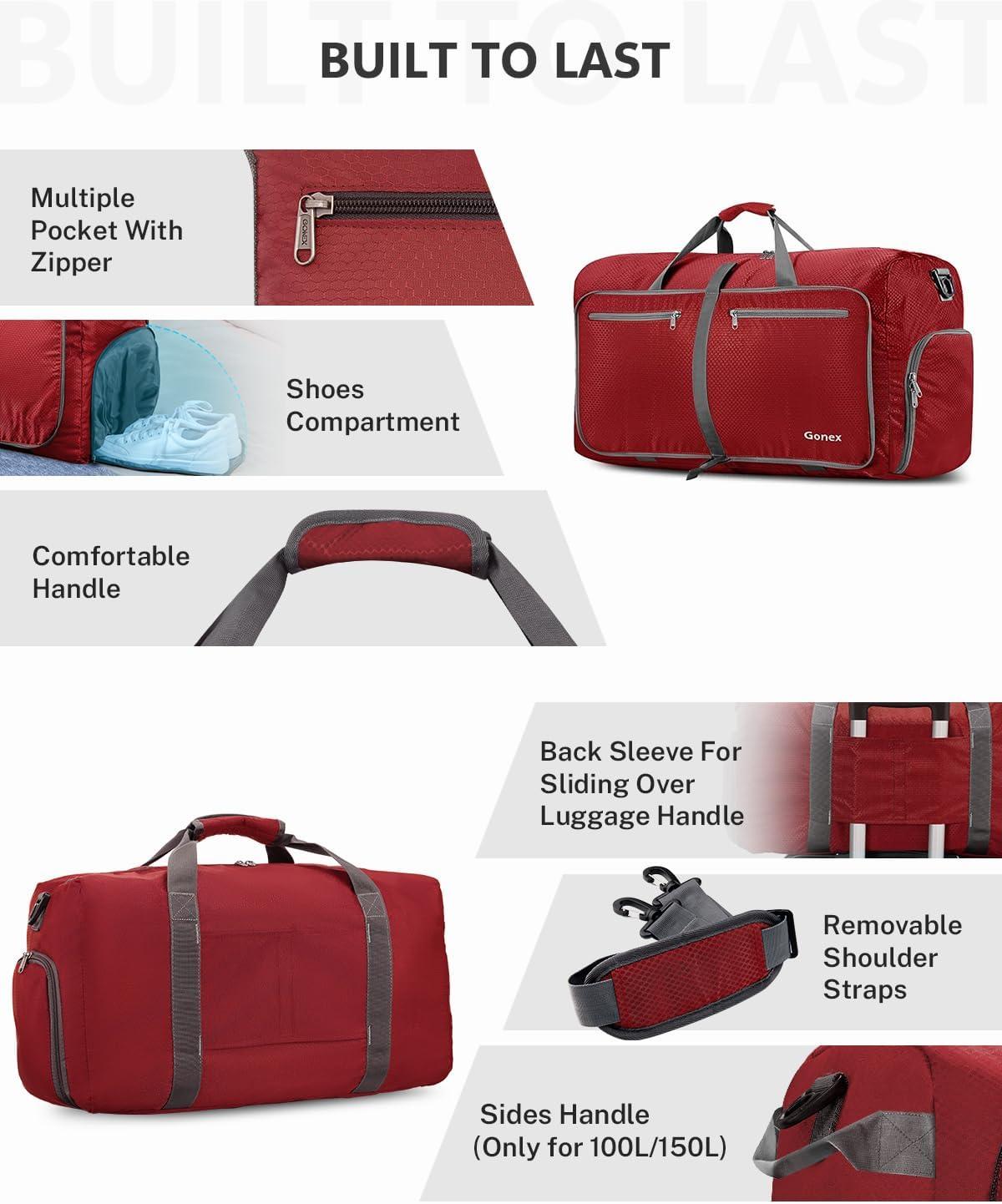 image:imageGonex 40L 60L 80L 100L 150L Large Foldable Travel Duffle Bag with Shoes Compartment Packable Lightweight Water Repellent Duffel Bag for Camping Gym Weekender BagRed