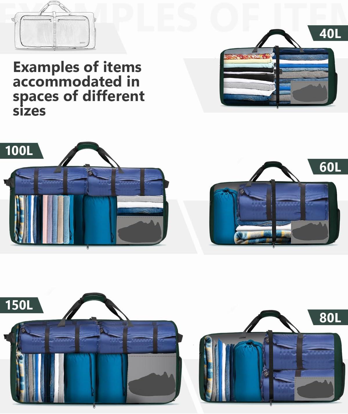 image:imageGonex 40L 60L 80L 100L 150L Large Foldable Travel Duffle Bag with Shoes Compartment Packable Lightweight Water Repellent Duffel Bag for Camping Gym Weekender BagDark Green